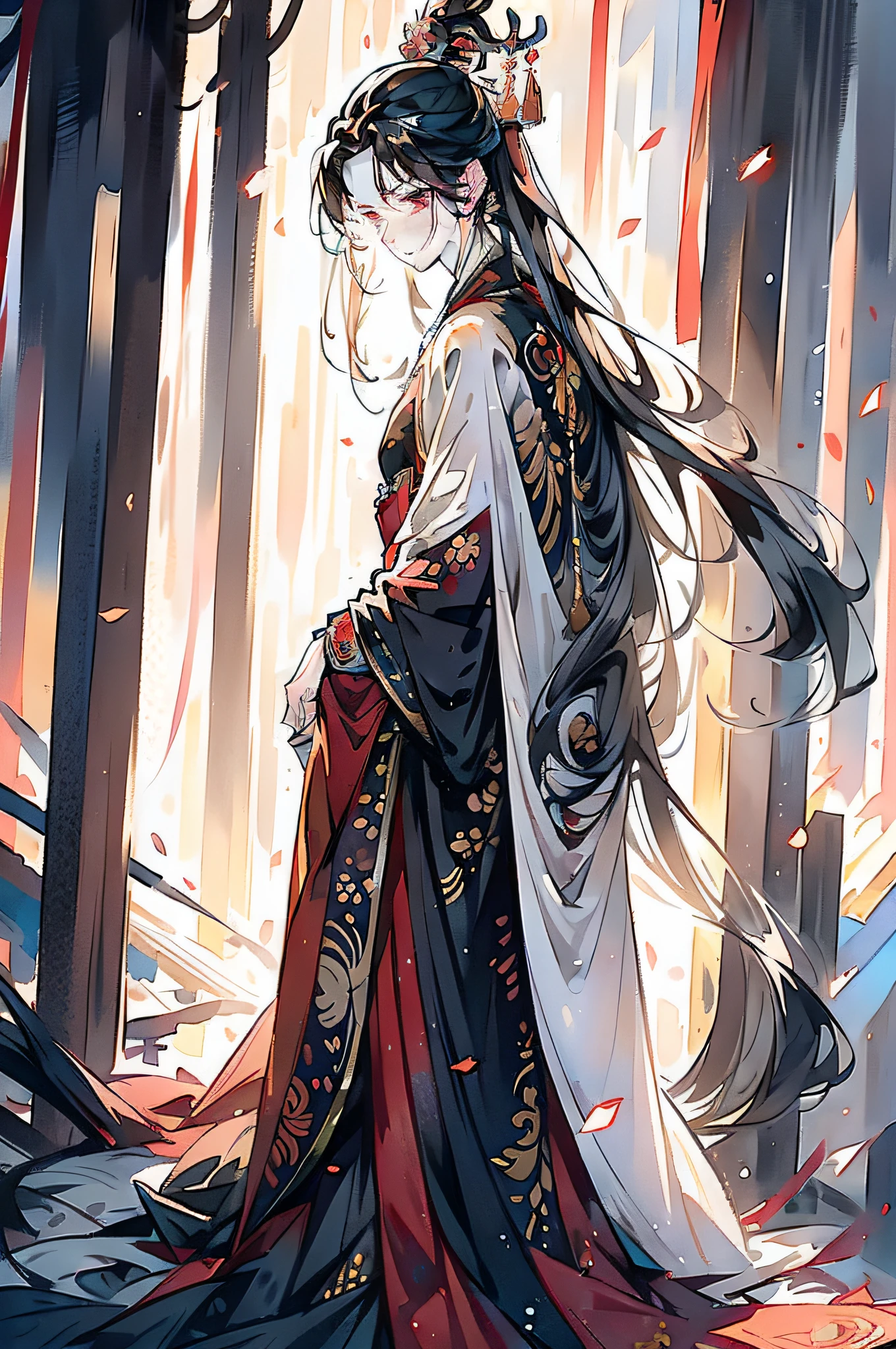 China-style，ink and watercolor painting，Hanfu，1boys ，standing on your feet，The clothes are black and white，long whitr hair，Handsome，swordsmen，the detail，closeup of face，k hd，ultraclear，color fill-in，color full，The clothes have no pattern