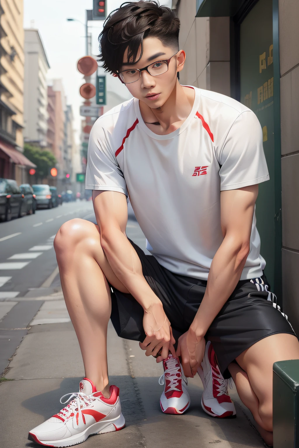 china boy, short detailed hair, Comely, Tall guy, Idol face, 23years old, athletic sneakers, sporty attire, eye glass,Get ready to go out on a date