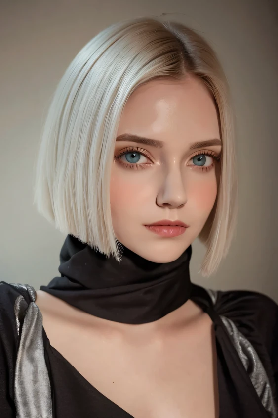 Hyper-realistic portrait of a woman , Cyan eyes, portrait photography, photo-realistic, dinamic lighting, Art Station, poster, voluminous lighting, Very Detailed Faces, 4 k, Award-winning, a 1girl, wicked smile, around dark, deep shadow, Discreet key, Cowboy shot (Formal attire: 1.4), hairlong, white colored hair, chuuChloe,