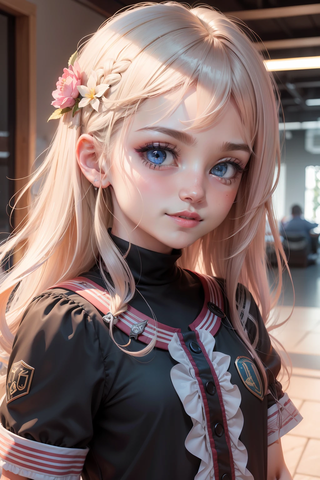 (8k, melhor qualidade, obra-prima: 1.2), (realista, foto-realista: 1.37), ultra-detalhado, 1 menina, bonito, solo, (nariz blush), (sorriso: 1.15), (boca fechada) seios pequenos, belos olhos detalhados, (cabelo longo: 1.2), crie uma menina