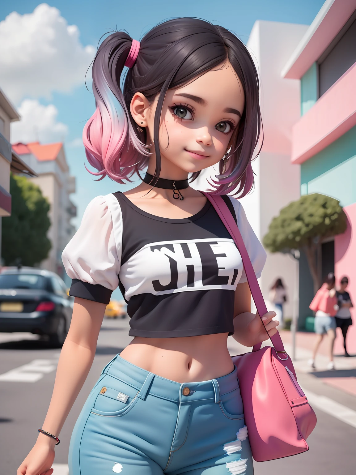 (obra-prima), (melhor qualidade), (ultra-detalhado), (corpo inteiro: 1.2) loli menina negra, street urban, pants and mini blouse, sorriso claro, corpo inteiro, :3, cabelo multicolor, curto, preso, pavor, moderno, Modern accessories, fundo tom pastel , colorido e simples.
