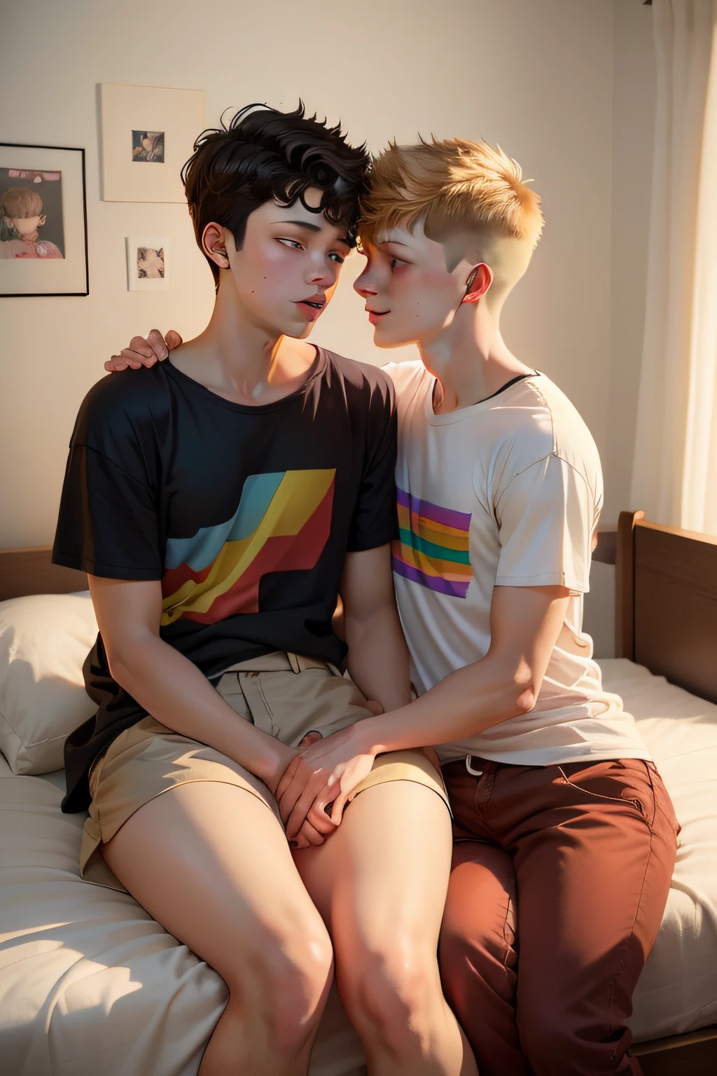 a age gay (lgbt) couple in their bedroom, inspired by heartstopper