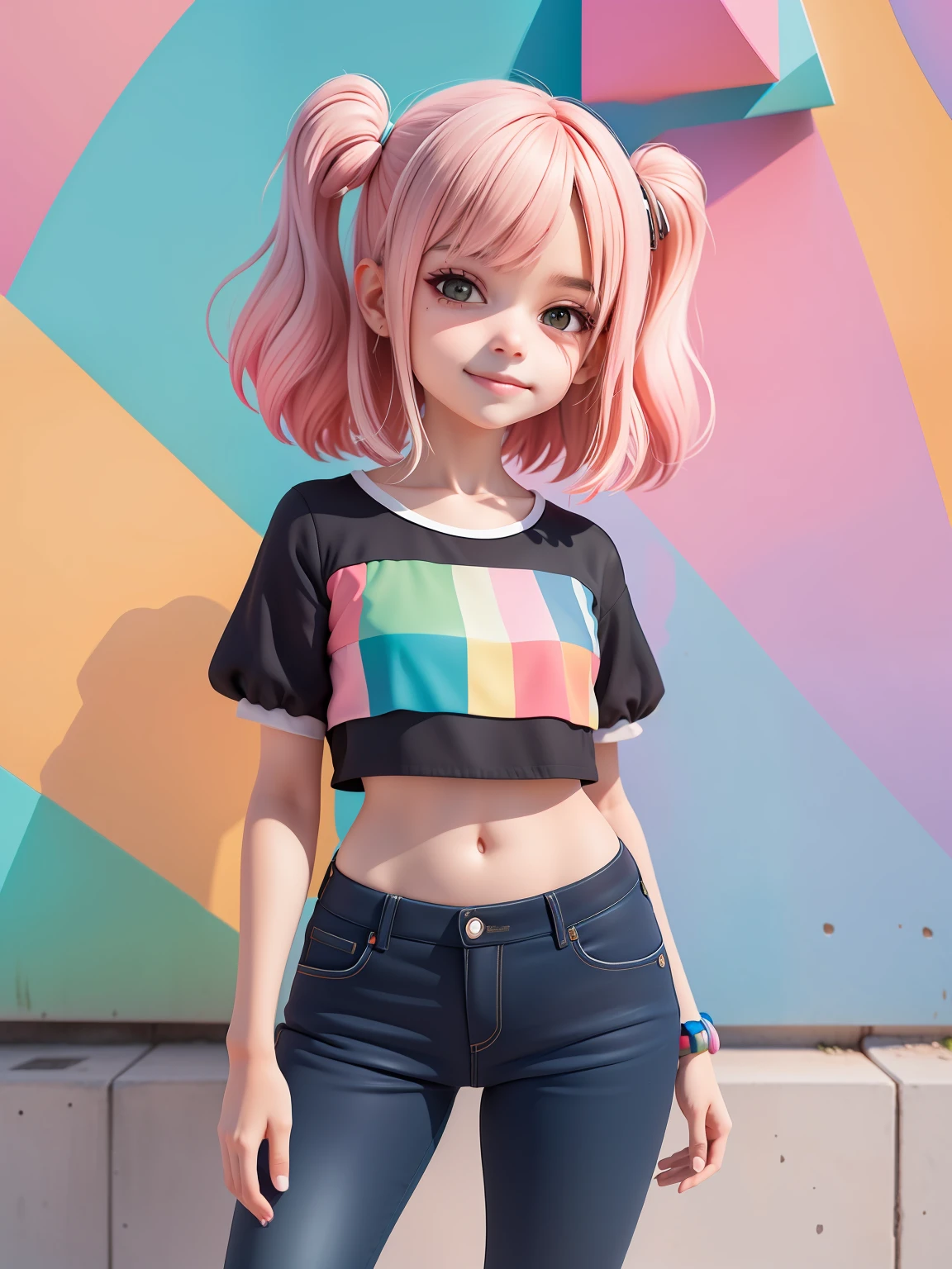 (obra-prima), (melhor qualidade), (ultra-detalhado), (corpo inteiro: 1.2) loli menina negra, street urban, pants and mini blouse, sorriso claro, corpo inteiro, :3, cabelo multicolor, curto, preso, pavor, moderno, Modern accessories, fundo tom pastel , colorido e simples.