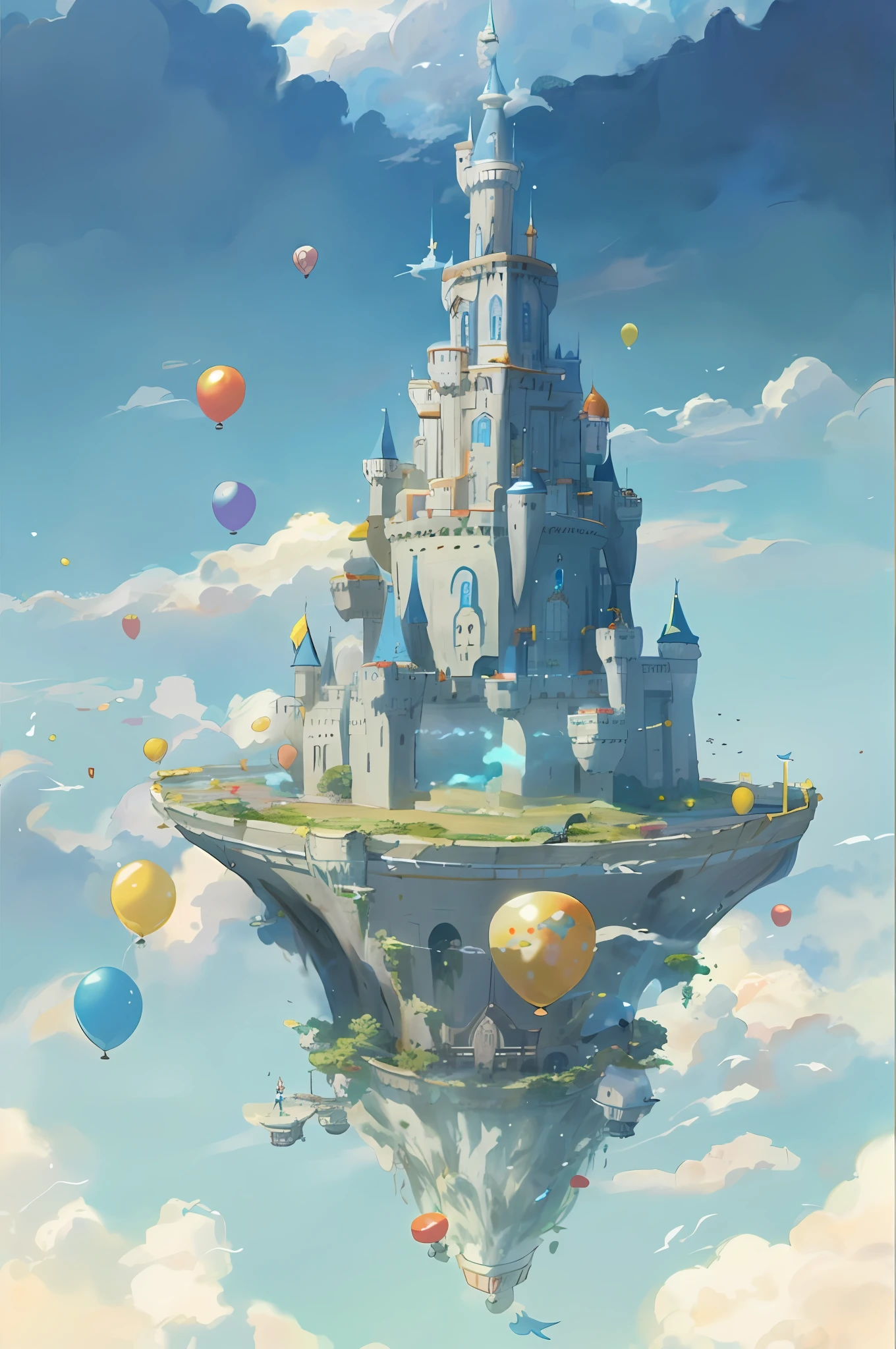 Castle in the sky,Balloons fly on it, flying cloud castle, an immense floating castle, magical fantasy 2 d concept art, Cloud Palace, palace floating in the sky, Anime landscape concept art, fantasy concept art, flying castle, Anime fantasy illustration, 2. 5 D CGI anime fantasy artwork, final fantasy vll world concept, Anime fantasy artwork