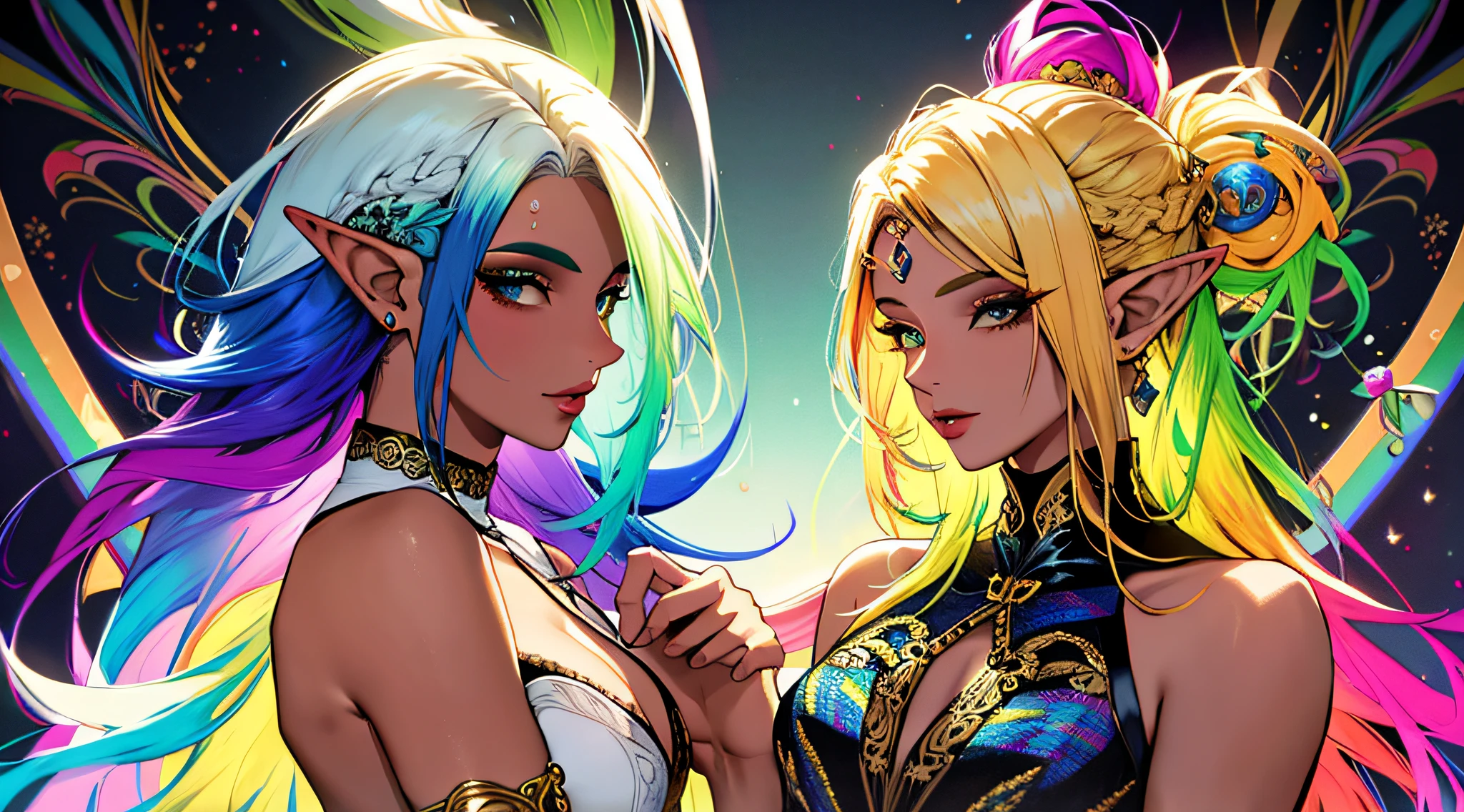 elf, (rainbow colored hair, olhos blond), mulher corpo adulto, mulher madura, deitada olhando para o espectador, roupa preta, (cabelo com penteado), (succubu), (ornamento no cabelo), (chifres)