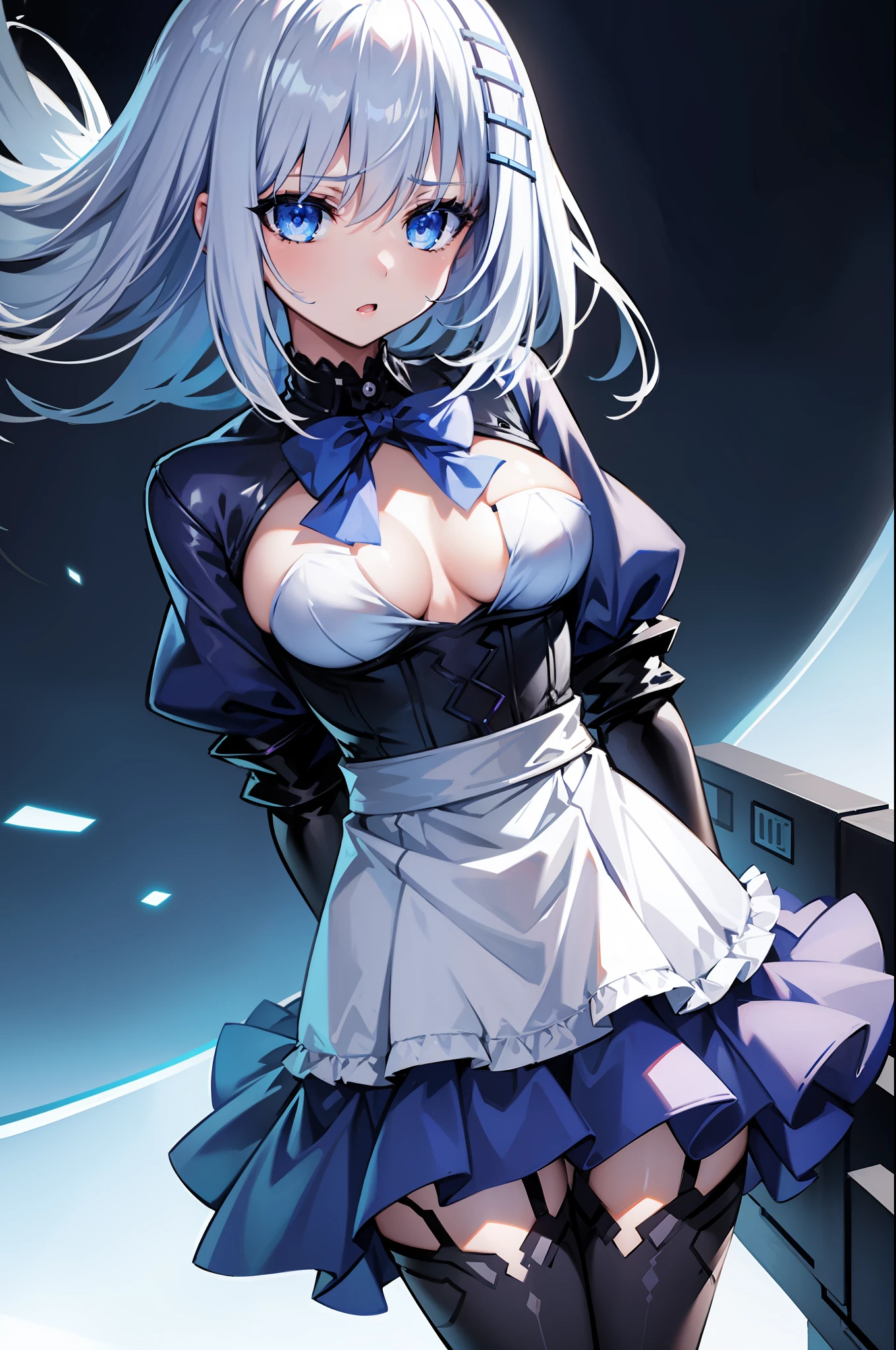 {1girl}, {blue_eyes}, {solo}, {shirt}, {breasts}, {open_mouth}, black_legwear, skirt, silver_hair, open_clothes, open_shirt