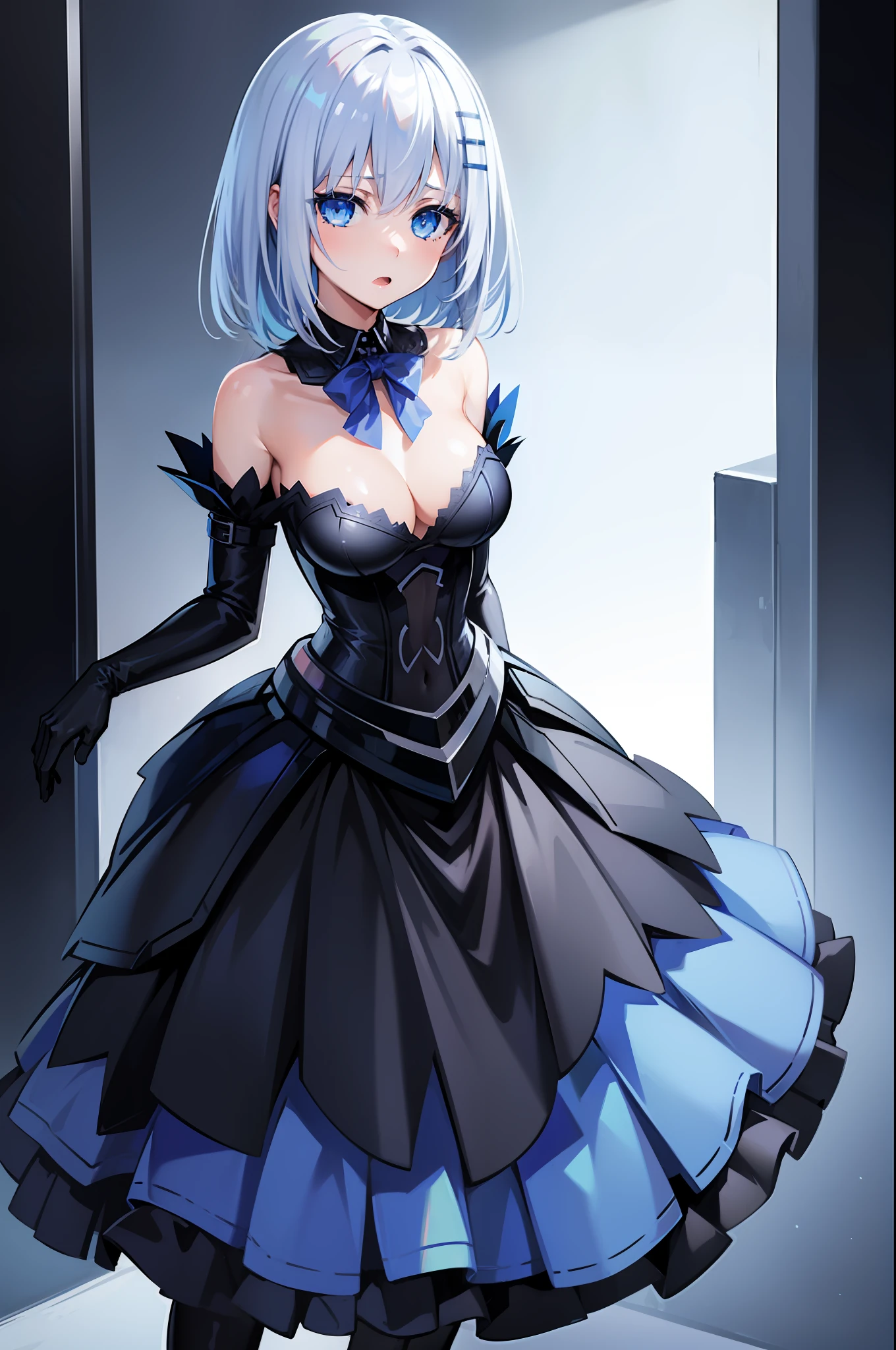 {1girl}, {blue_eyes}, {solo}, {shirt}, {breasts}, {open_mouth}, black_legwear, skirt, silver_hair, open_clothes, open_shirt