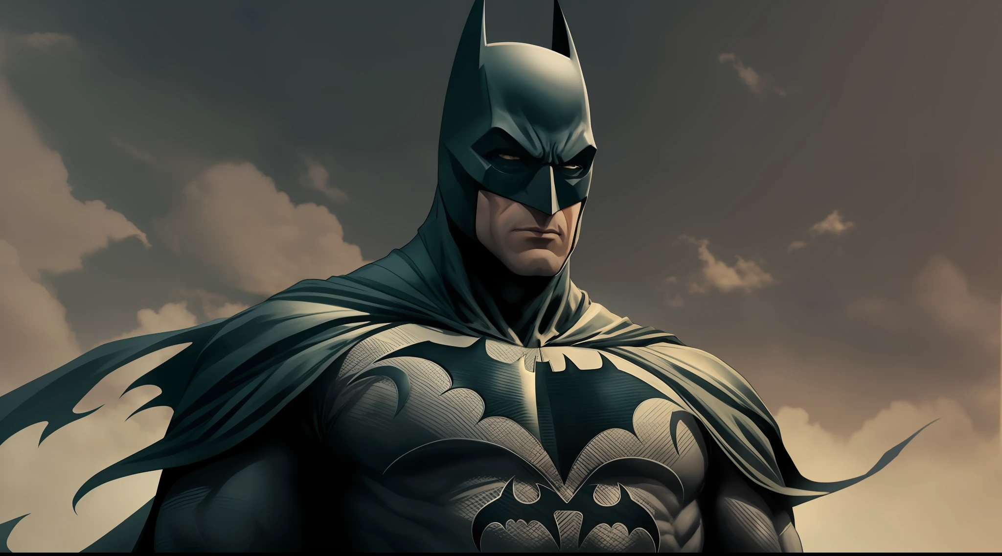 close-up shot of Batman, standing atop a Gotham City rooftop, cape billowing in the wind]
