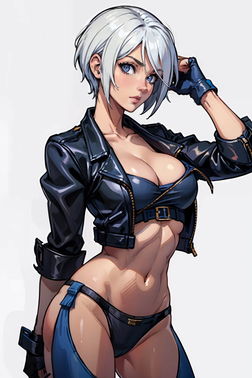 upper body, 1girl, (AngelMs:1.4), large breasts, panties, midriff, facing side, looking at viewer, (cleavage), white background, simple background, cropped jacket, v