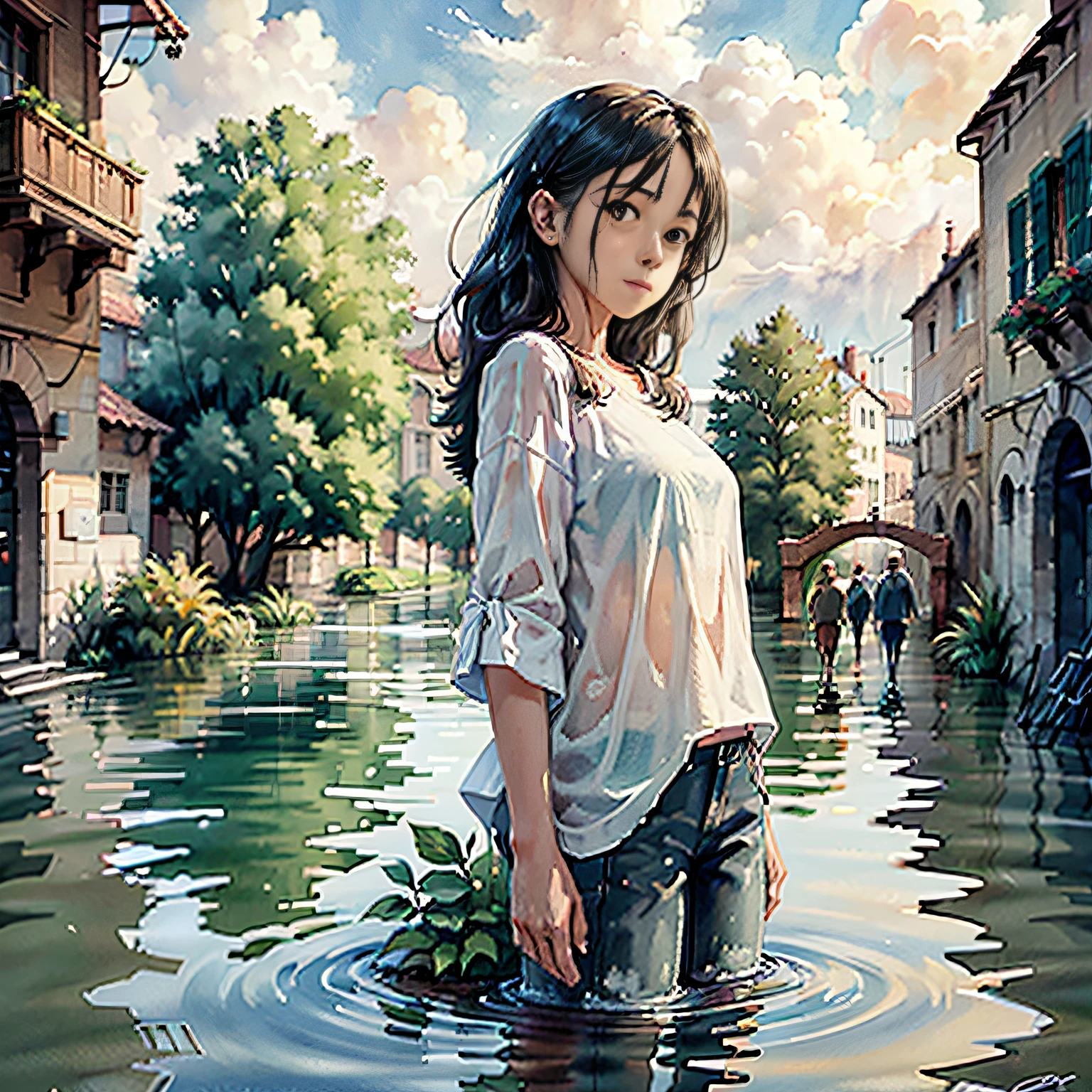 (masterpiece, best quality, beautiful art:1.4) of 1girl drowning in the flood, city background, digital art, trending on artstation, 4k, high detail, high-resolution, professional painting, ultra-detail, hdr, 4k uhd, 8k, unreal engine 5, cinematic, neon highlights, volumetric lighting, realistic shadows, reflections, unreal engine 5, cinematic wallpaper, 8k, romantic
