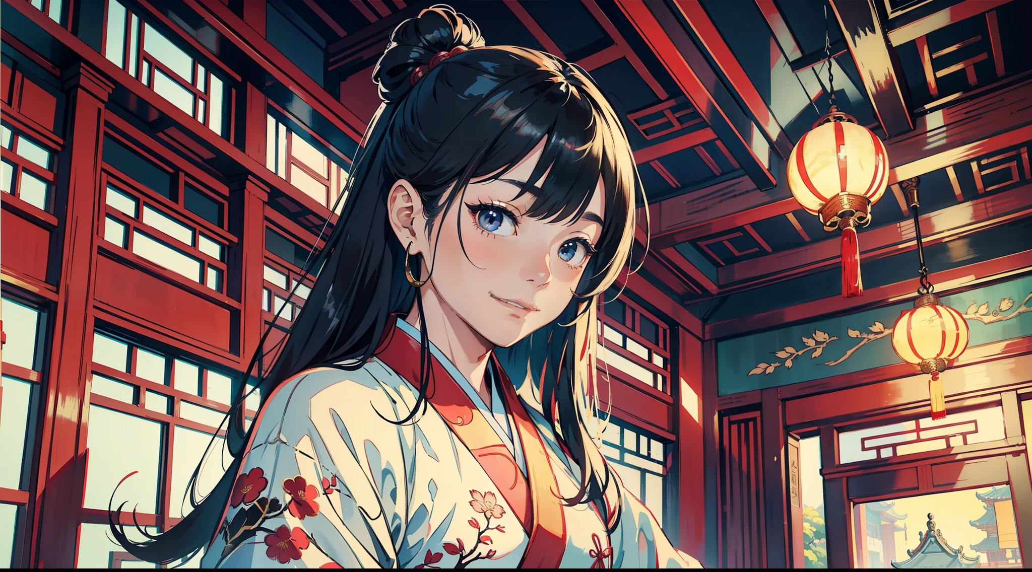 In a traditional Chinese quadrangle, a man dressed in a magnificent Hanfu sneaks a mischievous smile. The painting should have a realistic style with intricate details and sharp focus. The colors should be vibrant, and the lighting should create a dramatic atmosphere. The man's expression should be captured perfectly, with an emphasis on his mischievousness. The quadrangle should be depicted with traditional Chinese architecture, showcasing the beauty of ancient Chinese culture. The painting should have a traditional Chinese painting aesthetic, with delicate brushwork and ink wash techniques.