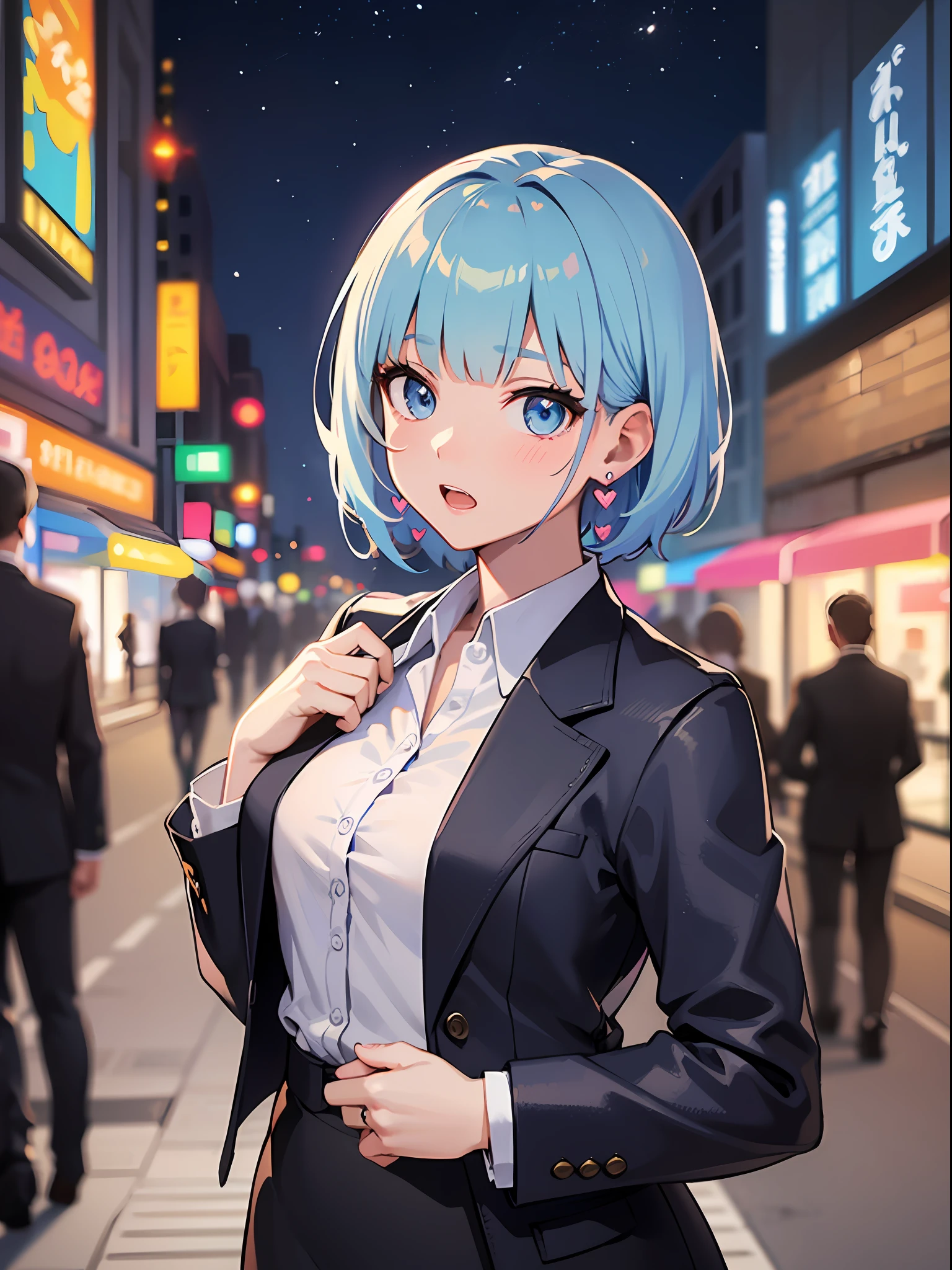 (masterpiece:1.3), (best quality:1.3), high resolution,
from above, upper body,
leaning forward, body facing forward,
(one cute girl:1.3), solo,
white skin, small Breast, eight-headed person,
light blue hair, (bobbed hair:1.2), (short hair:1.1), (blunt bangs:1.2), beautiful hair, blue eyes, beautiful detailed eyes,
embarrassed, heart,
black jacket, white shirt, (business suit:1.2), pencil skirt, earrings,
outdoors, busy street, night sky, (night:1.2),
shadowlighting,
