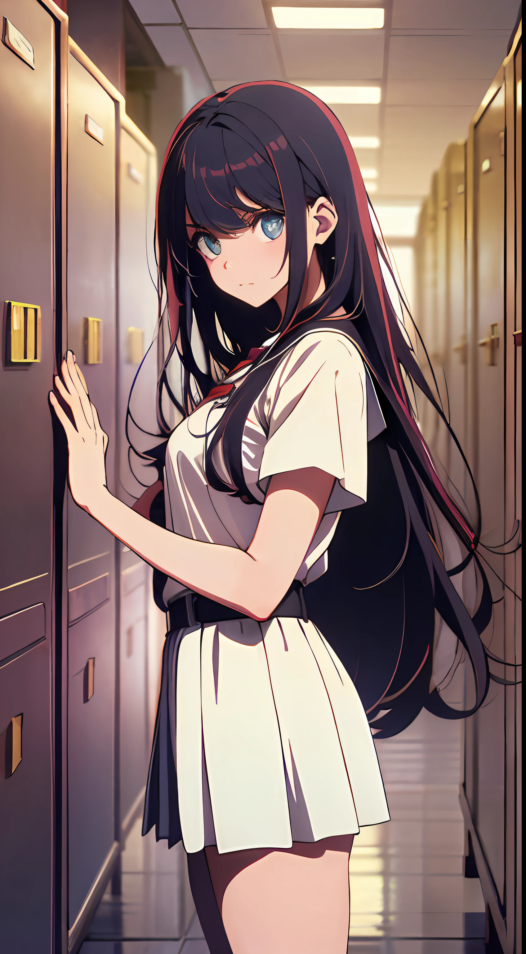 Create a high school girl character in a unique blend of super-realism and anime style, portraying the protagonist who is serious, ambitious, slightly shy, and caring for her friends, with brown long hair, bright blue eyes, wearing a standard school uniform and holding her school bag; her pose is engaged in conversation with a friend while holding textbooks, set against the background of a school corridor with lockers, posters, and other students, utilizing a balanced color scheme of soft pastels and warm tones to represent her vibrant youth, all while avoiding non-human structures or physically impossible movements, and ensuring quality and precision down to the smallest details.