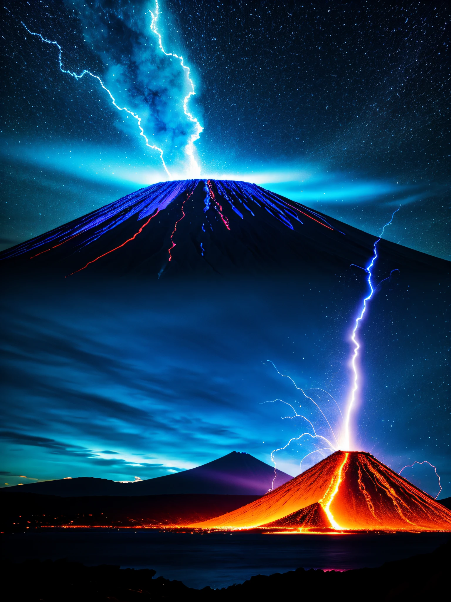 dramatic sky, blue lightning Style: masterpiece, best quality, 8k, sharp focus, realistic, ((Detailed)), ((Dynamic pose)), ((Good Highlights)), (Perfect Proportions), (dynamic), (intricate), (complimentary colors), good perspective, (Professional), (Award winning)
ADDCOMM
volcanic island background
Red flame, soft particles, explosion
BREAK
green flame, soft particles, explosion
BREAK
blue flame, soft particles, explosion
volcanic island background