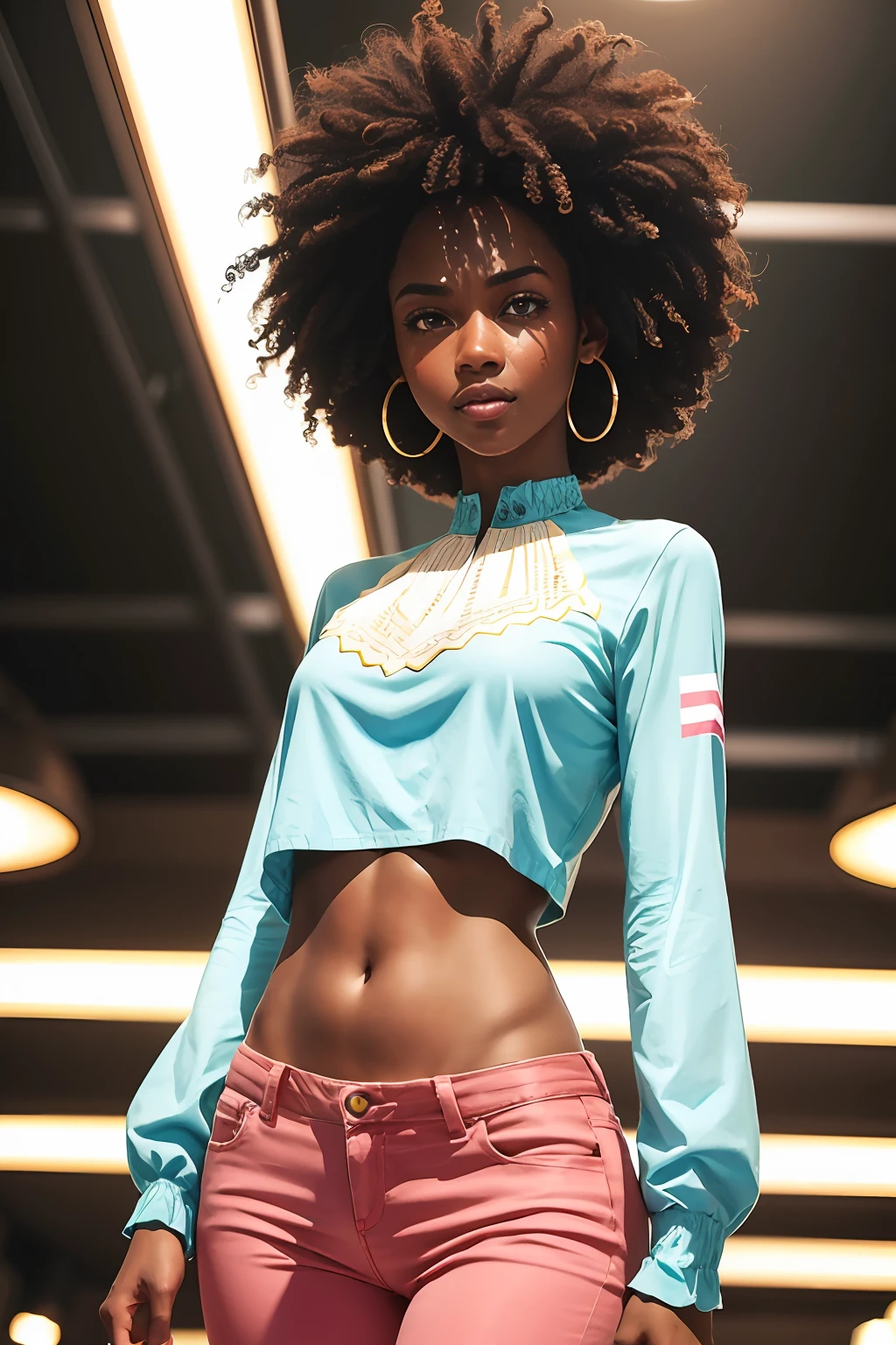 1 young female , smile, dark skin tone, afro hair, a pair of sparkly bell-bottoms, a white blouse, and a funky pink cowboy hat , yellow and cyan tone, 1970s, huge ear ring, Bell-bottoms, flares, disco
(35mmstyle:1.1), front, masterpiece, , cinematic lighting, (photorealistic:1.3), high frequency details, 35mm film, (film grain), film noise, kodak proimage 100, depth of field , bokeh,analog style, realistic, award-winning photo,(symmetric highly detailed eyes, fantastic eyes, intricate eyes:1.1), detailed background, full body, wide angle, beautiful 20 year old girl, African American, dark skin, skinny, ribbon braid, flat chest, tiktok, instagram, hyper-realistic photo, armored space girl cyberpunk