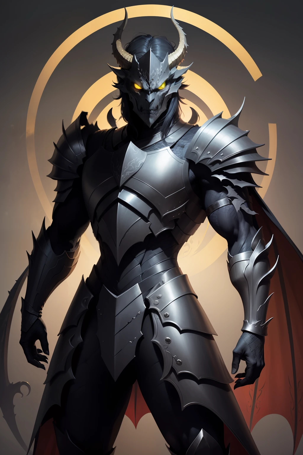 A half-dragon character with scary features, the colors of the scales are black, his eyes are a bright yellow he wears a plate armor.