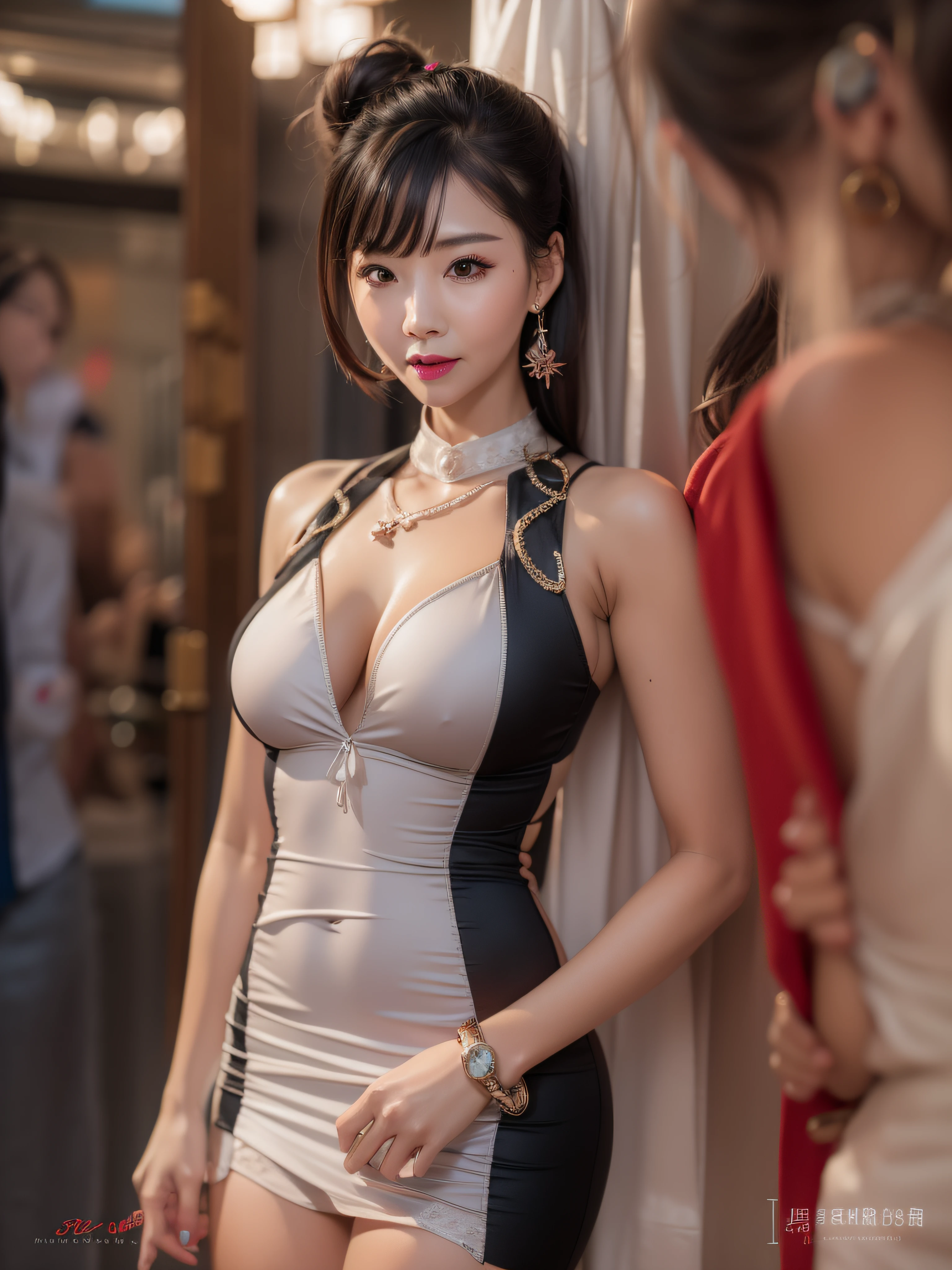 Full body portrait, photograph realistic, of a beautiful Chinese woman (33 years old), an erotic film actress, In a crowded commercial streets, The whole body is soaked with sweat, Slender body, Height 1.6m, has a perfect female figure, with a chest circumference of 34C, Naked of breast, Slim waistline, Slim legs, a hip circumference of 28, Wheat complexion, full forehead, Slender eyebrows, Wear red and black erotic tight and ultra short cheongsam, Suspender stockings, Platform stiletto heels, Seductive pose, A seductive expression, colored inner hair, light brown hair, bangs, messy hair, wavy hair, hair slicked back, medium hair, jewelry, bespectacled, long eyelashes, earrings, makeup, nervous, red lips, naughty face, high detail, cinematic lighting, three sided view, masterpiece, accurate, textured skin, super detail, best quality, 8k