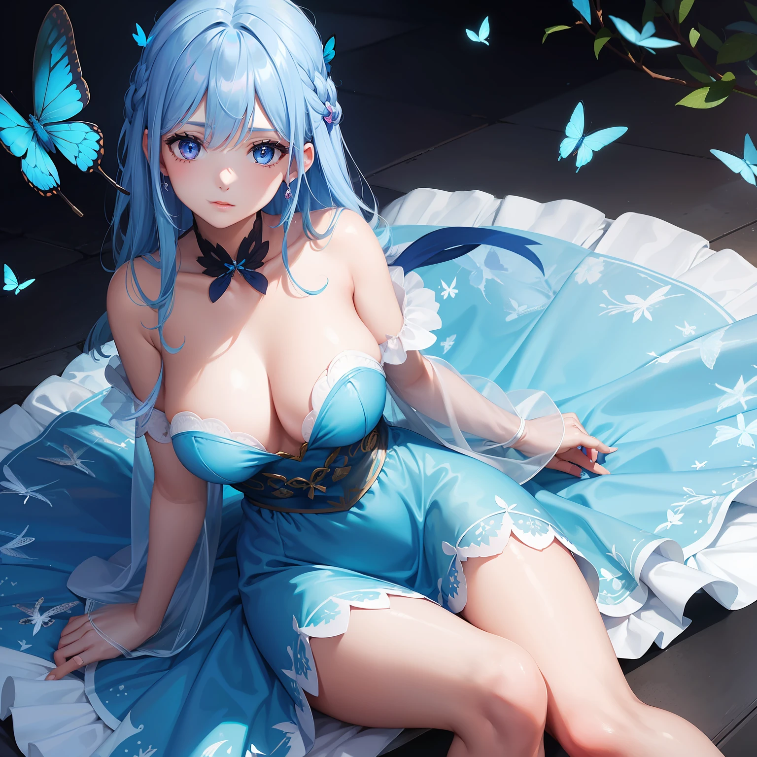 a women, blue butterfly, blue hair, pink eyes, blue dress