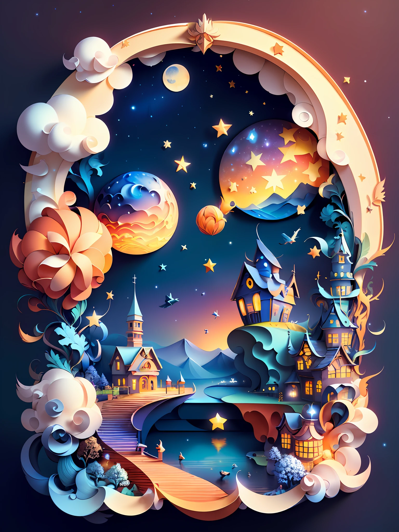 A digital illustration of a castle surrounded by clouds and stars ...