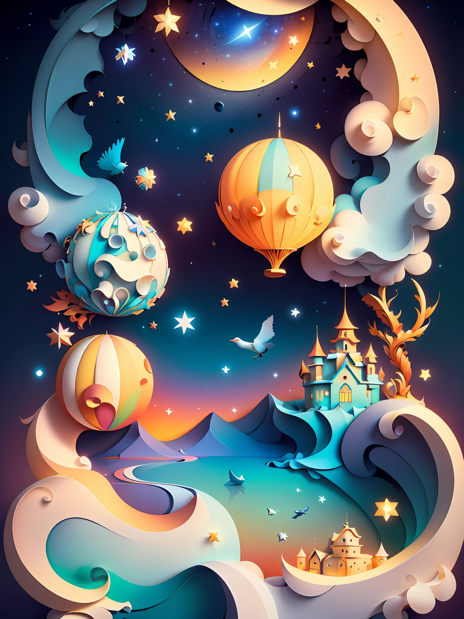 (((masterpiece))),best quality, illustration,  sky, cloud, star \(symbol\), no humans, night, bird, moon, star \(sky\), night sky, scenery, starry sky, flying castle, fantasy. vibrant color scheme, Soft light,(warm color:1.2),Water color painting, light background, best quality exquisite details,3d rendering,Octane render, pastel, paper_cut