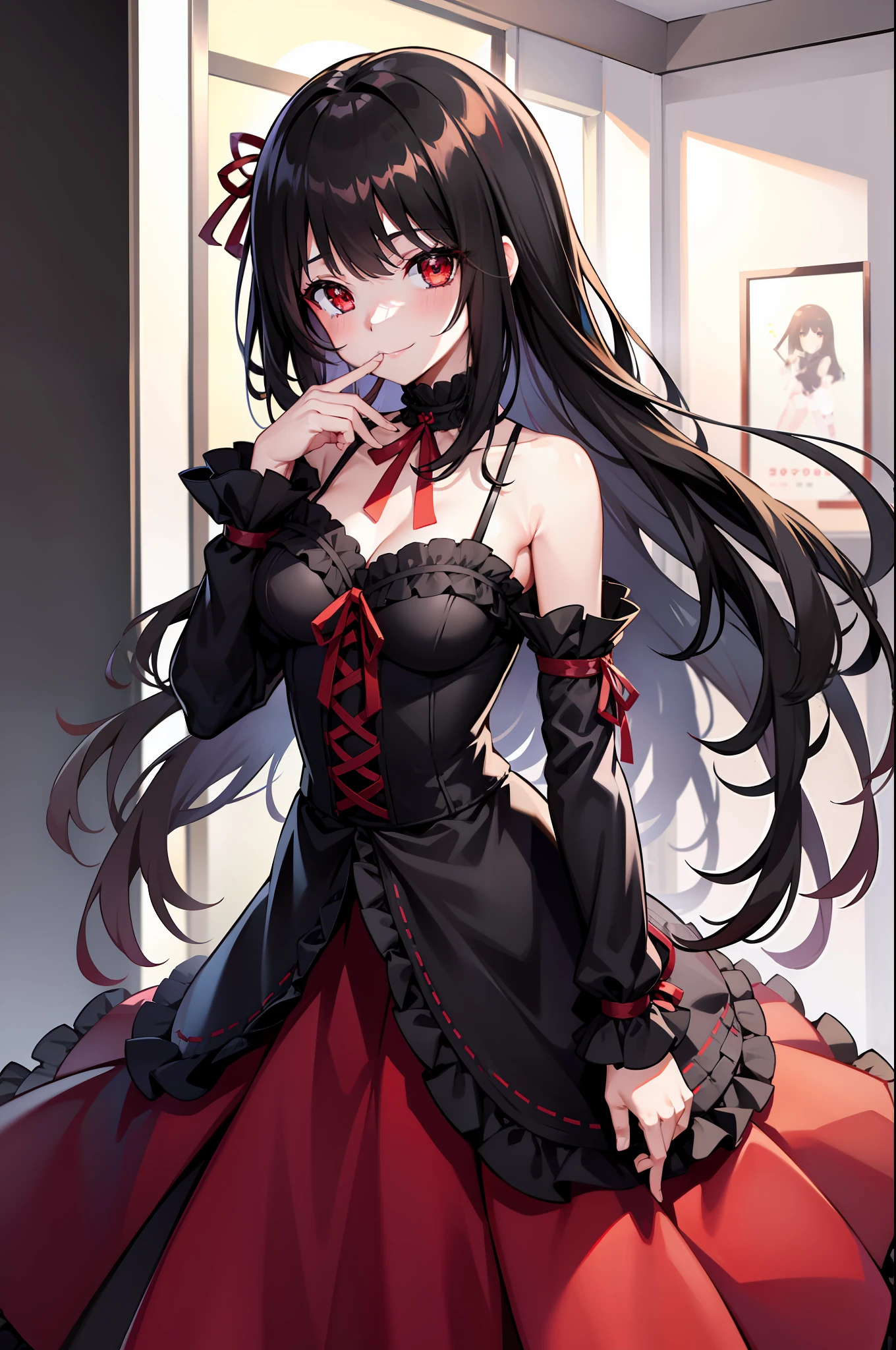 {1girl}, {tokisaki_kurumi}, {solo}, {black_hair}, {long_hair}, {smile}, {finger_to_mouth}, {ribbon}, {red_eyes}, {heterochromia}, red_ribbon, looking_at_viewer, dress