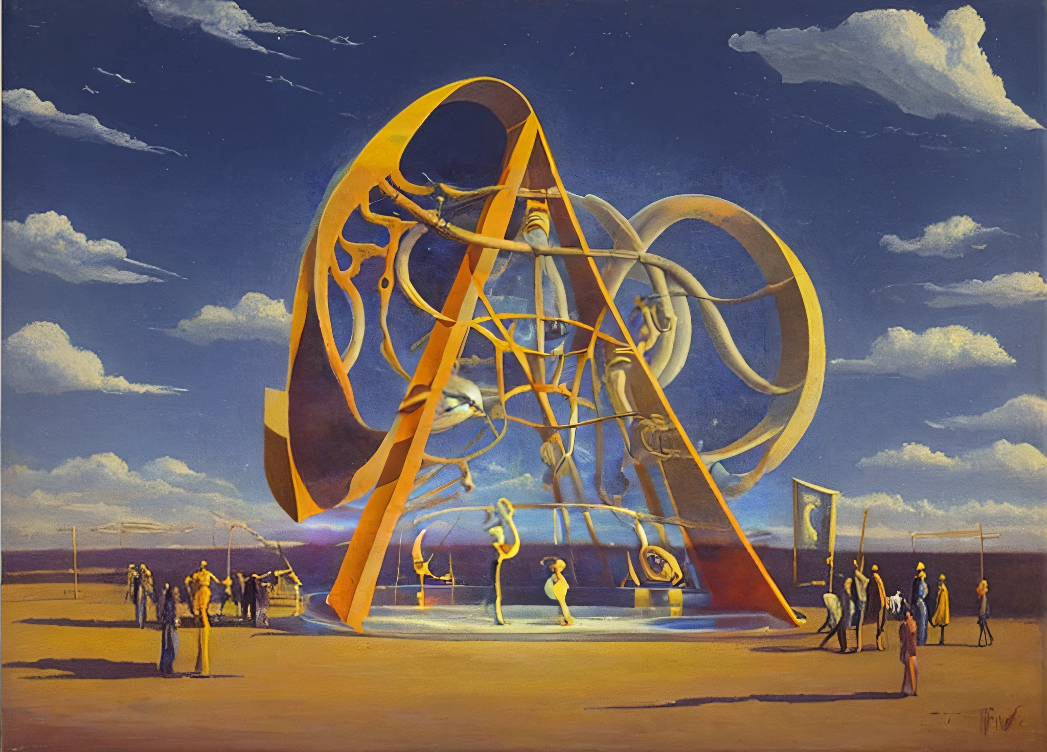 Picture of a clock with people standing around, Vladimir Tatlin, Dugald Sutherland McCall, Dalí's style, style of salvador dali, Inspired by Vladimir Tatlin, by Dali, surrealism painting, surrealism painting, Paul LaFolly, Surrealism oil on canvas, Surrealist oil painting, a surrealist painting, surrealist art