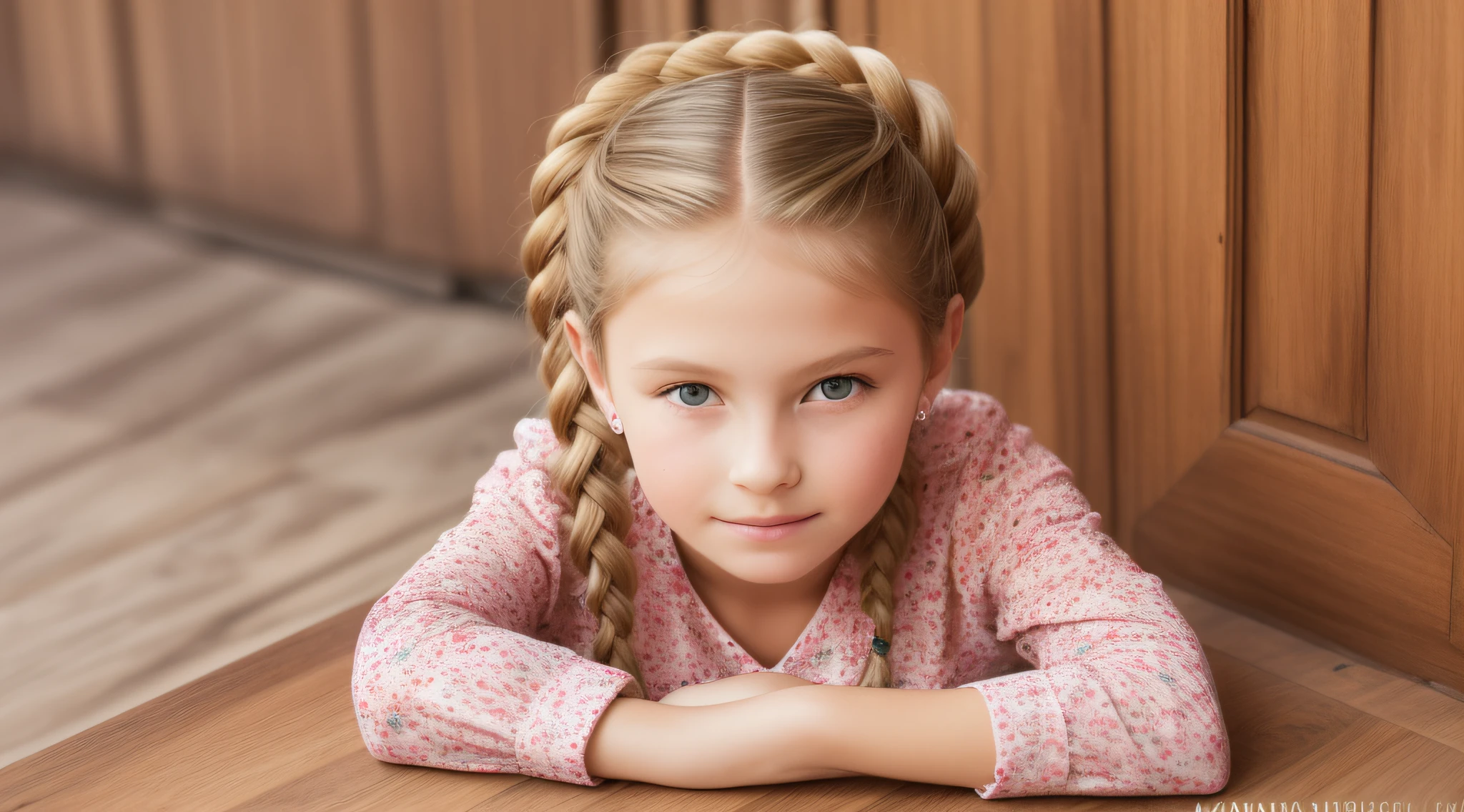 girl CHILD , Russian blonde in braids, Meat pastries