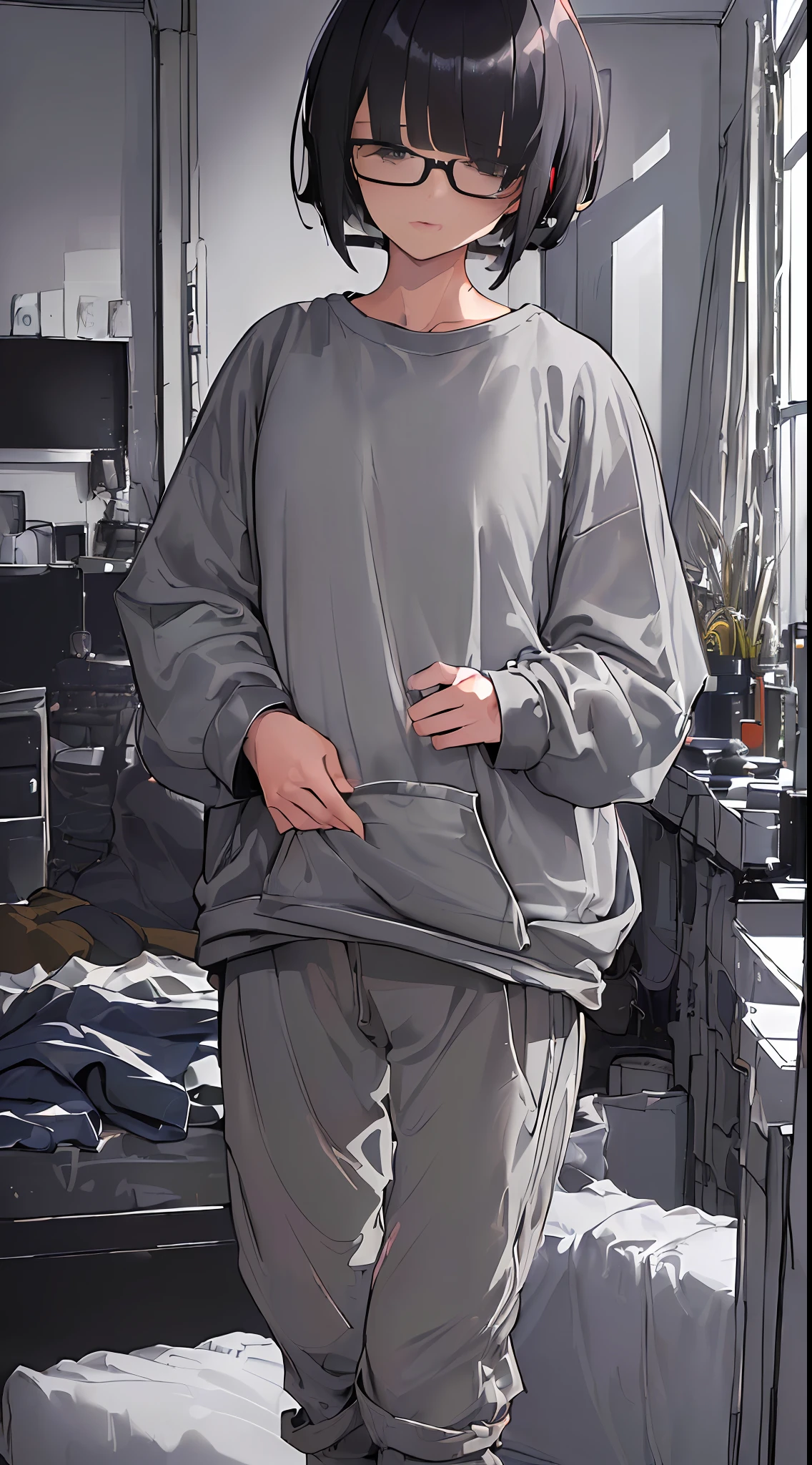 ((top-quality、in 8K、masterpiece:1.2))、1 adult female、Slim Style:1.6、((Poorly groomed short-cut hairstyle、Oversized long sleeve T-shirt、Grey sweatshirt Long pants、Bangs that hide the eyes:1.3))、((Dark cluttered room:1.4))、Misaligned glasses