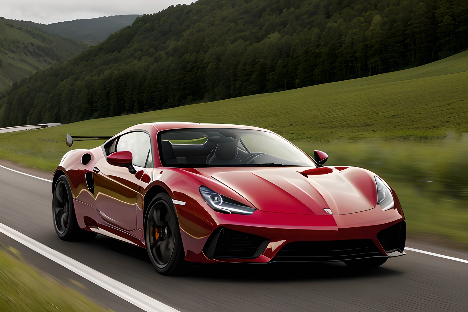 A red sports car was speeding along the highway, High and short depth of field, Pre-Raphaelites, 32K, high resolution