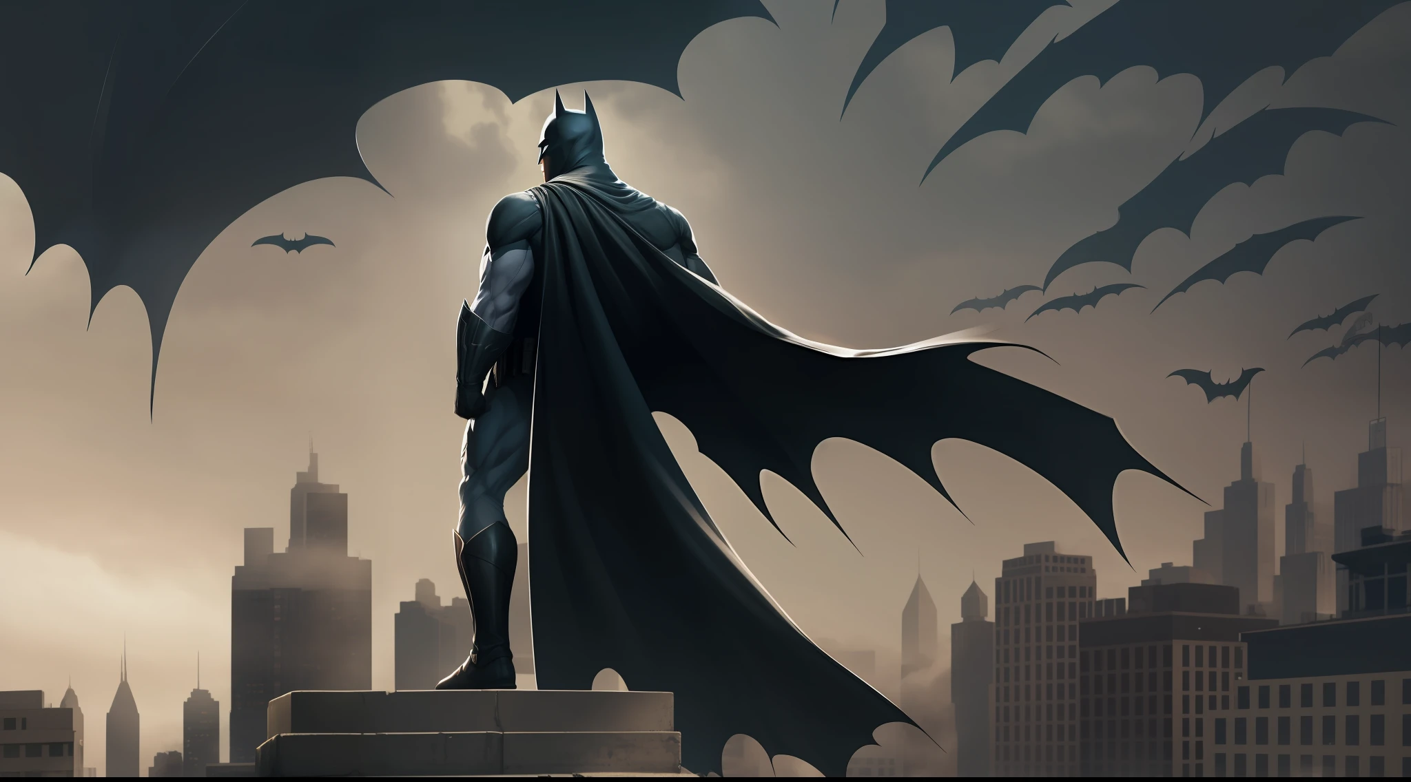 close-up shot of Batman, standing atop a Gotham City rooftop, cape billowing in the wind]