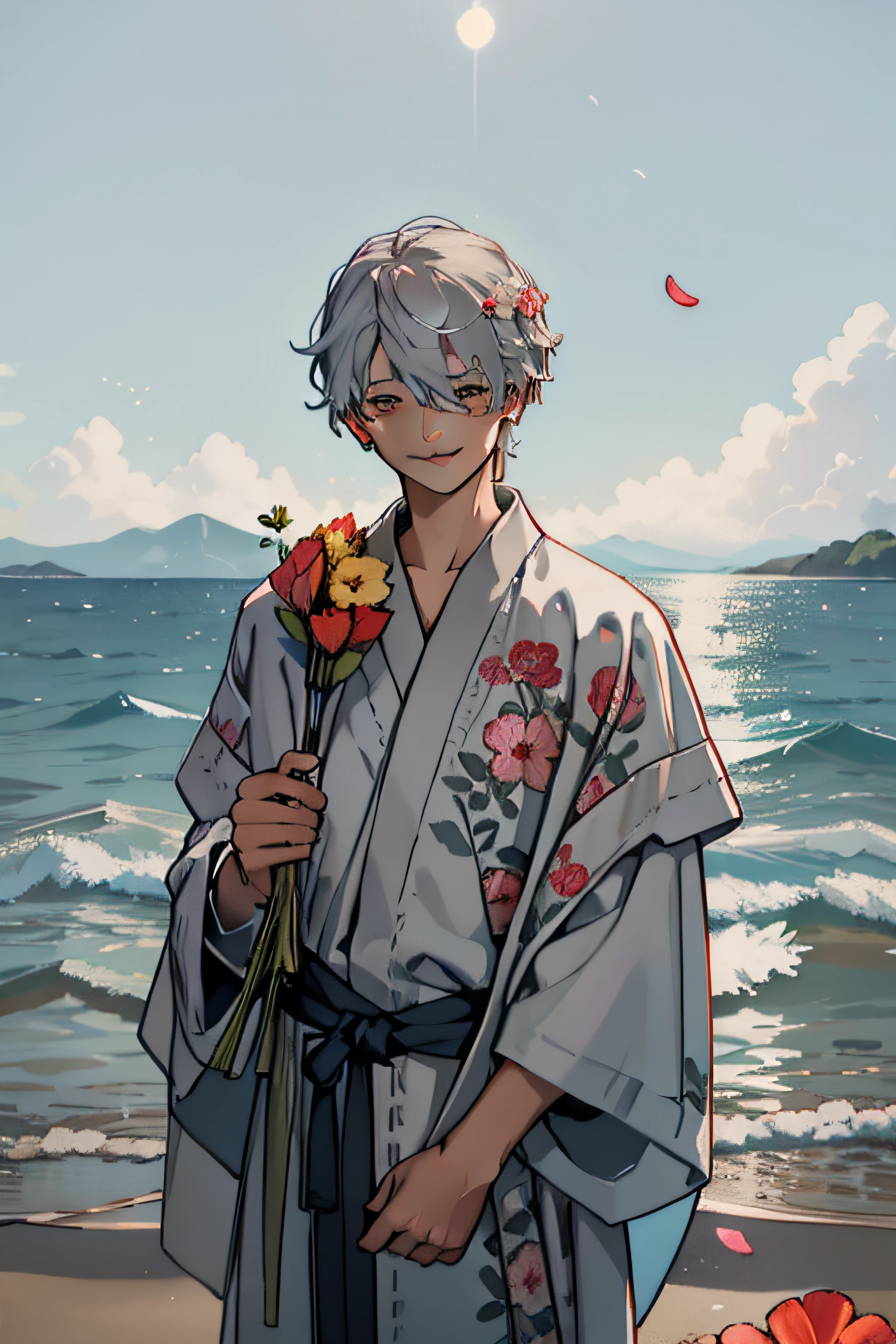 A teenager，A smile on your face，A bouquet of flowers was held in front of him，A petal covers one eye，Wearing a gray robe，Stand at the junction of the sky and the sea，Looking into the distance