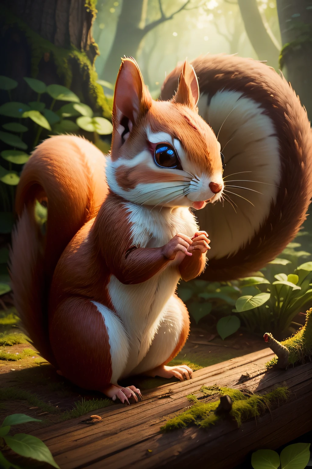 squirrel with his mama, enchanted forest, cute designs, cute Disney style, noise reduction and fine details, realistic textures, color grading, retouching