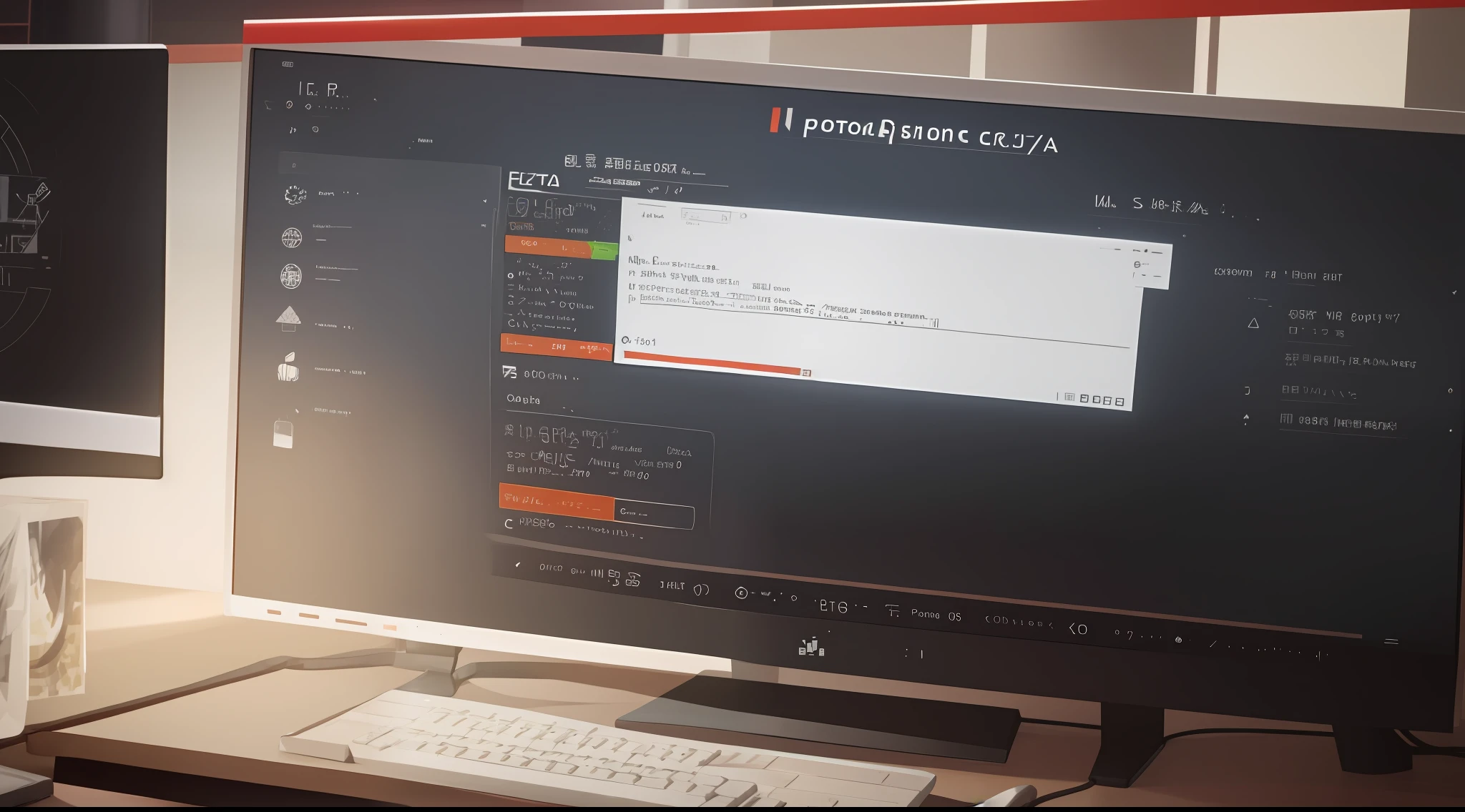 There is a computer monitor sitting at a desk with a keyboard, patreon content, Postagem no Reddit, captura de tela de alta qualidade, trending on patreon, Directed by: Matias Jama, imagem da tela do pc, trending on cgtalk, trending on Sketchfab, Anton Fadeev 8 K, Captura de malha digital, inspired by Aleksander Orłowski, Jakub Rebelka, Captura de tela ampla