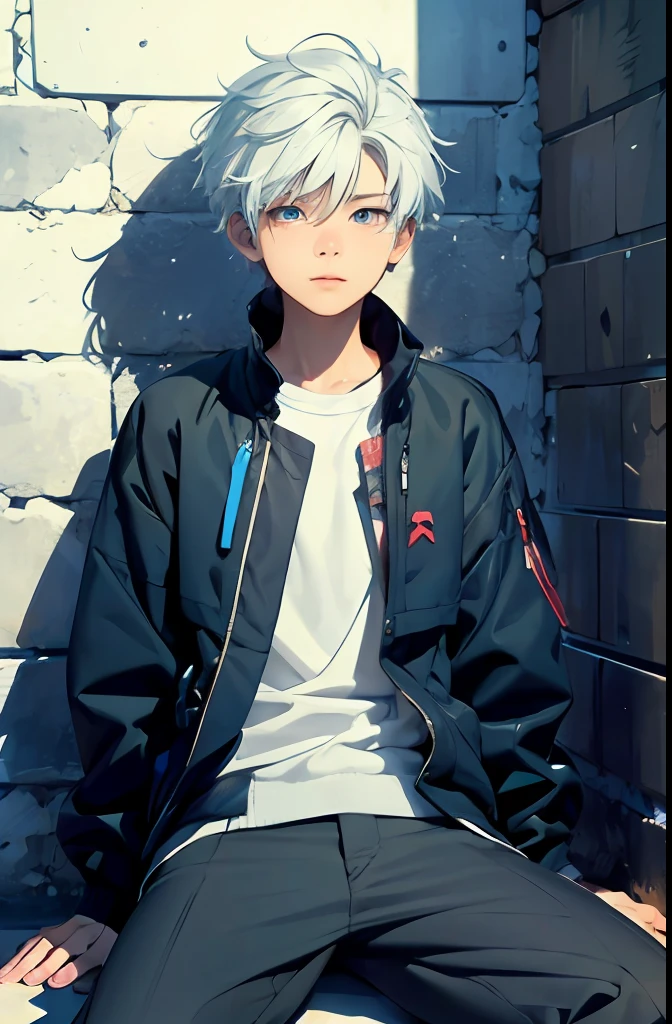 (absurdres, highres, ultra detailed, HDR), masterpiece, best quality, a boy, 10 yo, solo, handsome, short hair,spiky hair, white hair, blue eye, finely eye and detailed face, real shadow, job is programmer , full body, home style muji, mood alone