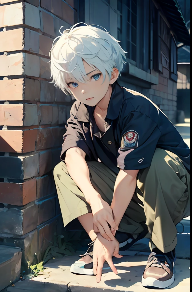 (absurdres, highres, ultra detailed, HDR), masterpiece, best quality, a boy, , solo, handsome, short hair,spiky hair, white hair, blue eye, finely eye and detailed face, real shadow, job is programmer , full body, home style muji, mood alone