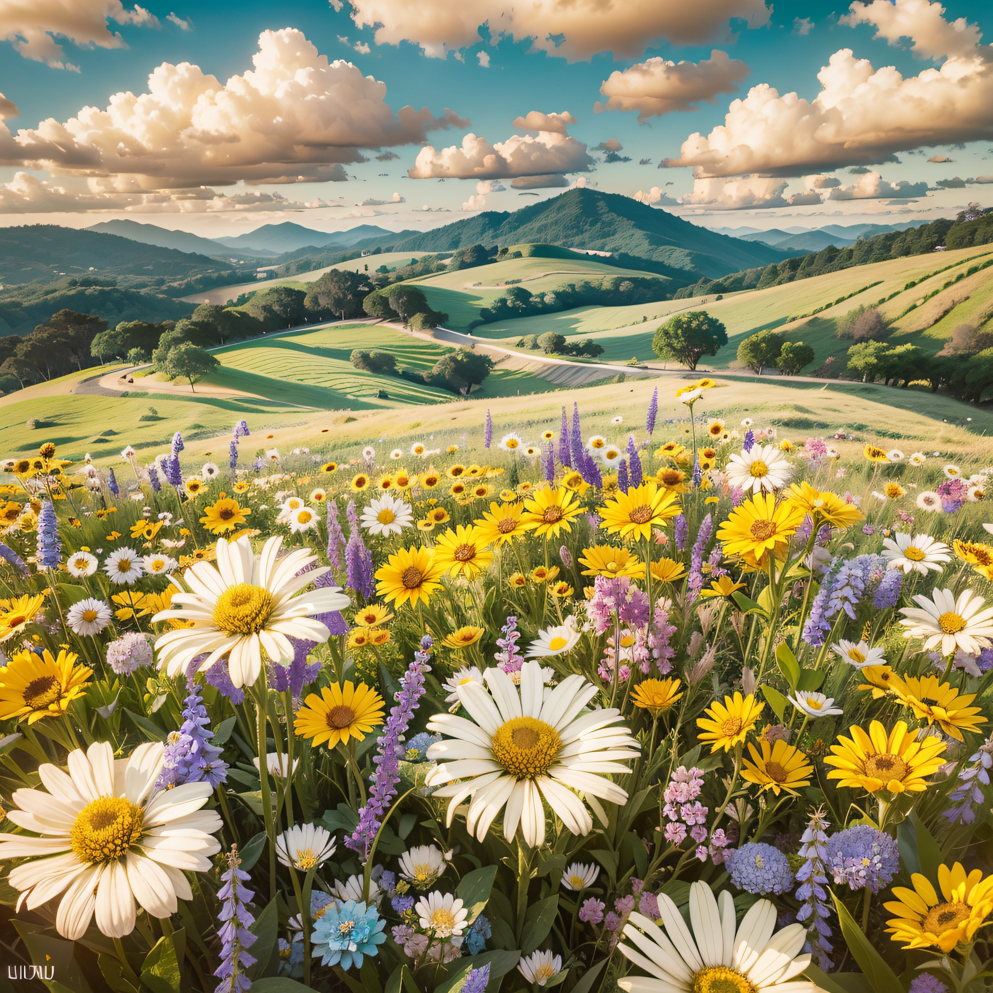 Um campo de grama com flores Colina, flor branca, flor amarela, raios de luz, warm ilumination, Detailed lighting, nuvens fofas, turquoise sky, foco apenas, sozinho.
