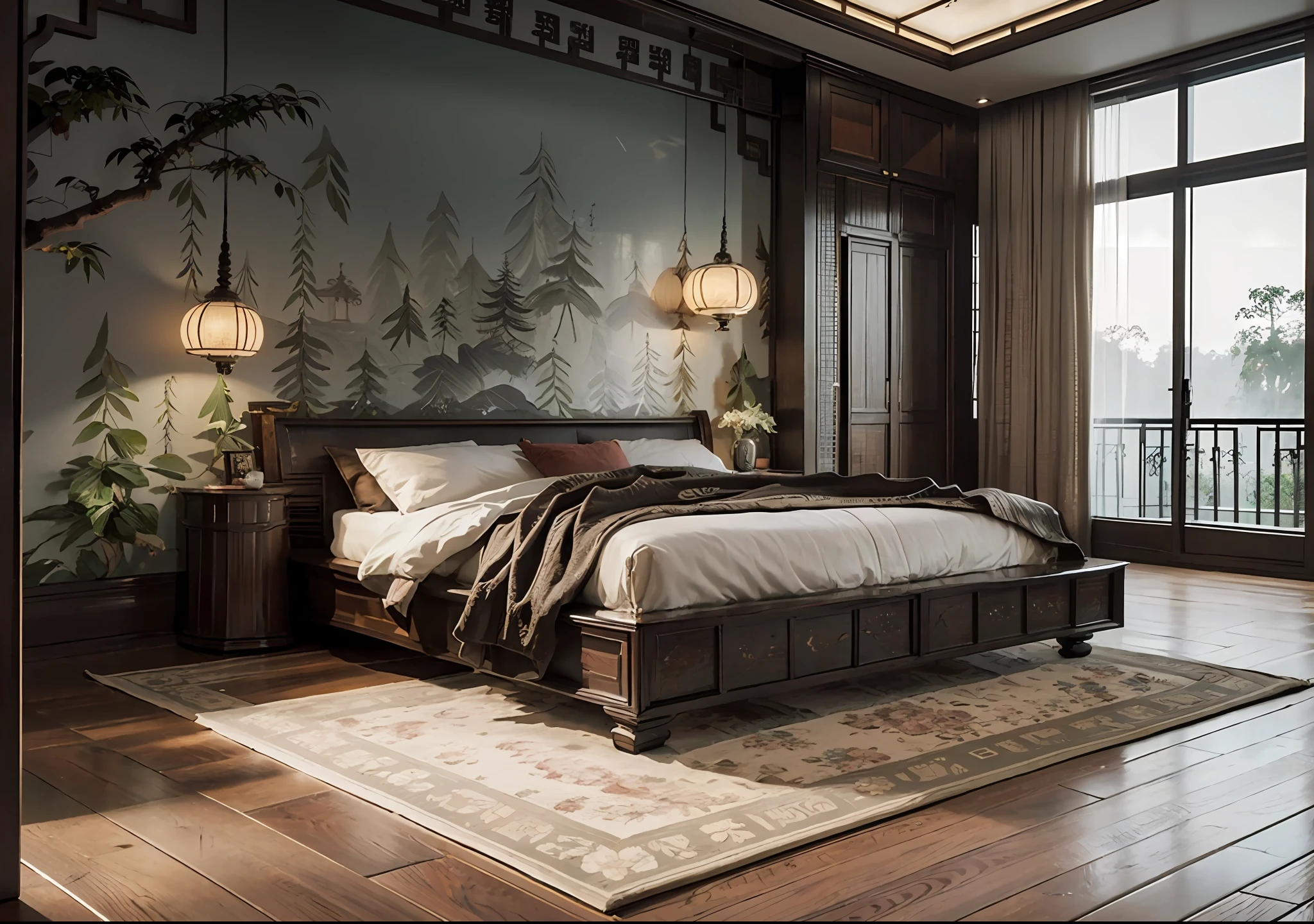 Interior design bedroom in the forest, Southeast Asian style decoration, Viet Nam, multi-angle display, 3d rendering, comfortable interior lighting, super detail, movies, furniture and glass in the evening, 8K, indochine_bedroom, (indochine style:1.4), dark wood