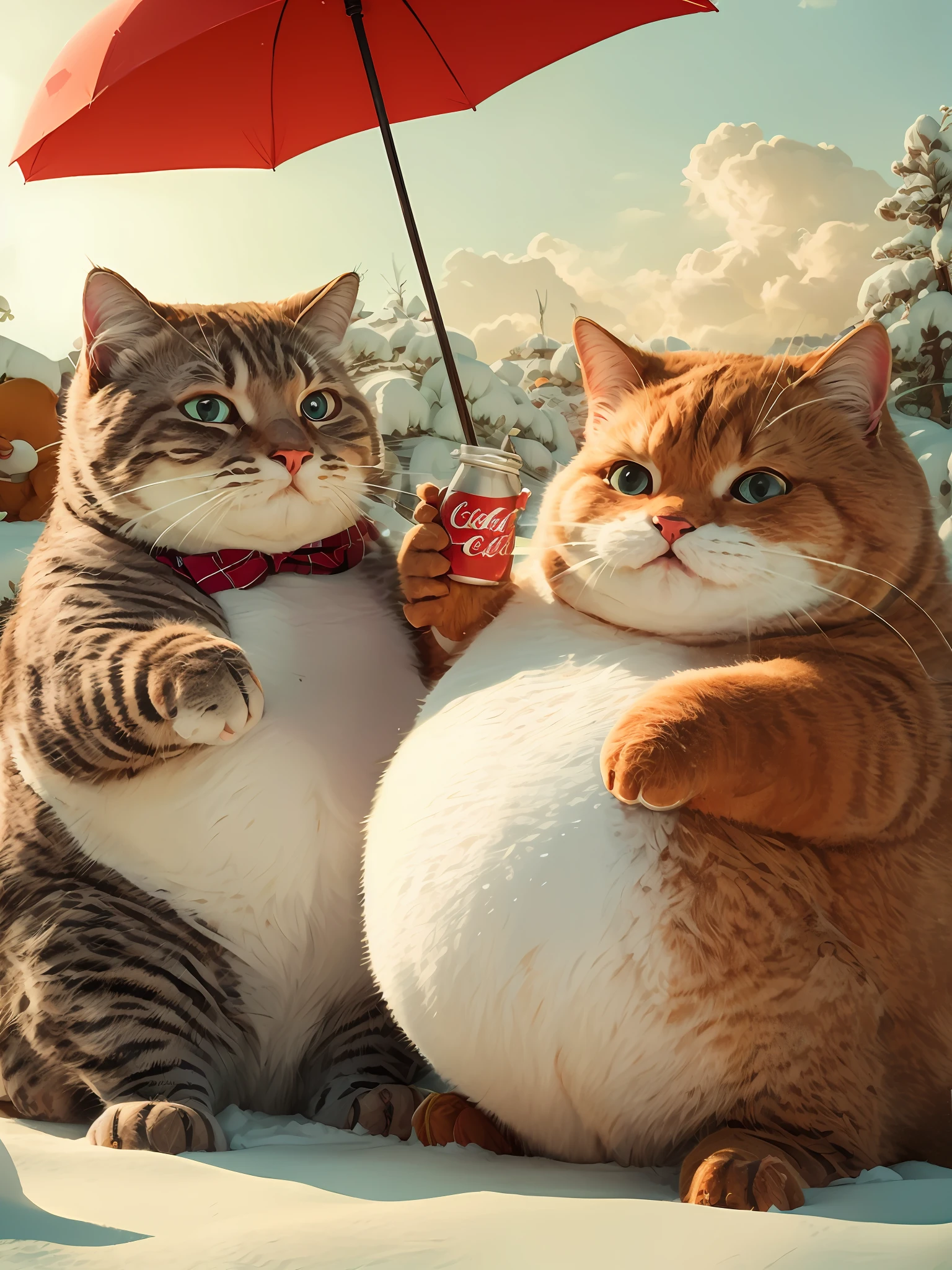 Two cartoon fat cats，Garfield，Fat and stupid，Drink Coke，An umbrella，Very fat，Extremely cute，the setting sun，Clouds