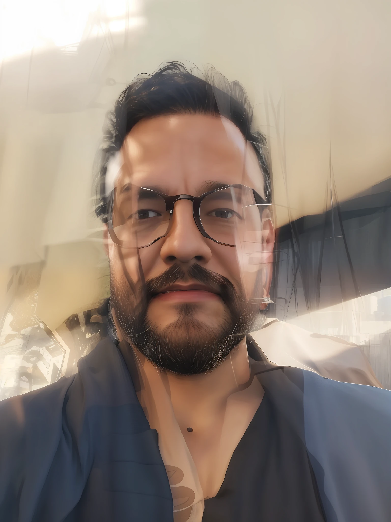 bogg dann, masterpiece, best quality, 1boy, solo, male focus, shirt, wristwatch, watch, facial hair, outdoors, black hair, closed mouth, short sleeves, realistic, blurry, brown shirt, t-shirt, photo background, sky, towel on one shoulder, towel, striped shirt, taking picture, selfie, close-up, skyscraper, on roof, depth of field, wrinkled skin, mature male,