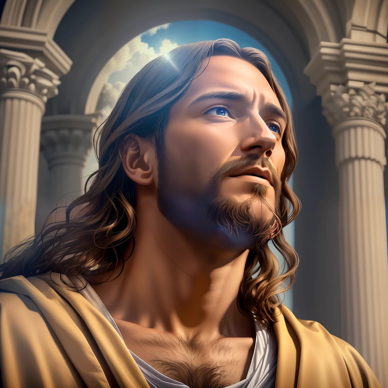 Award-winning realistic photo of Jesus Christ (looking up at the sky:1.3), expression conveying a sense of satisfaction and victory, hyper detailed 4k