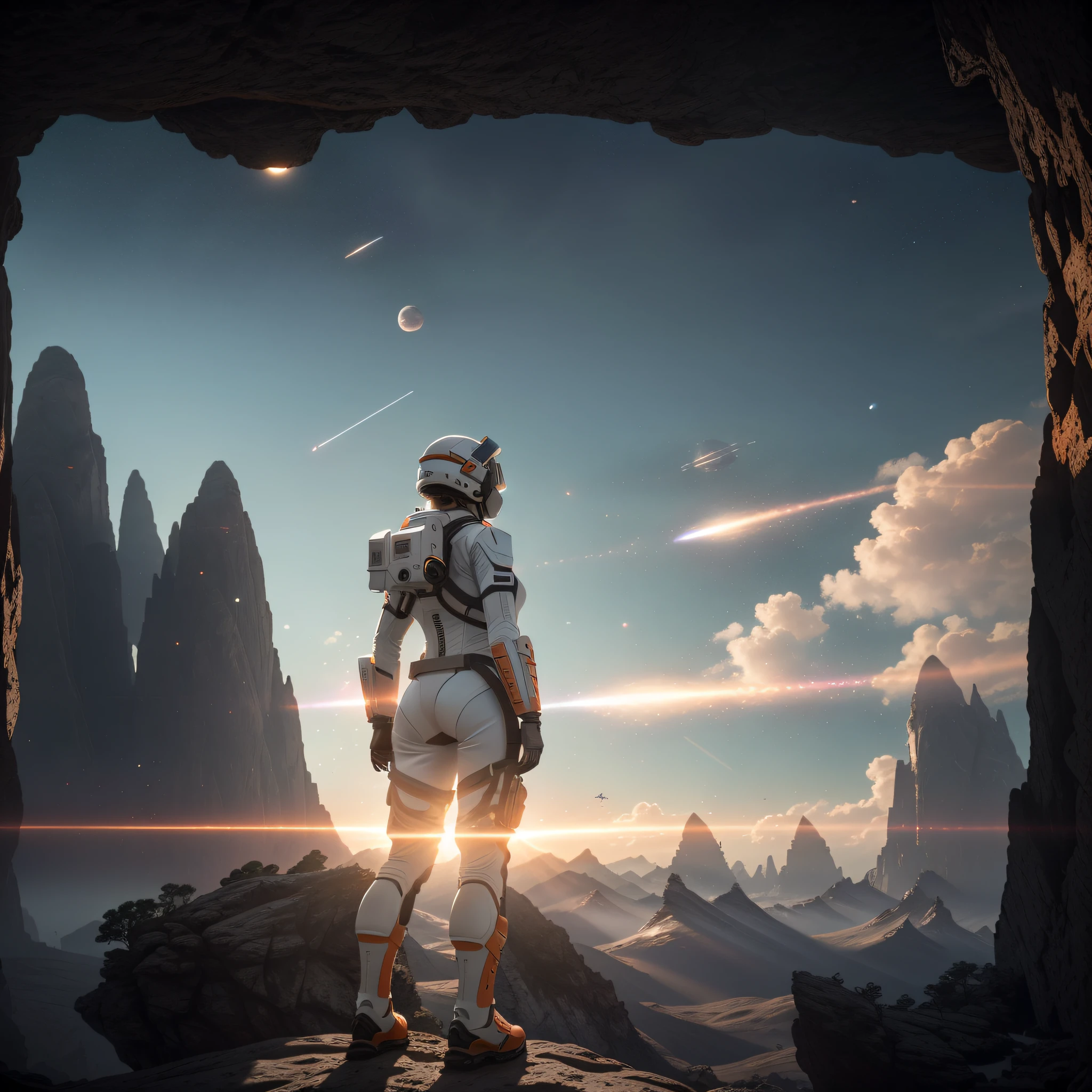 rear angle, Highly detailed RAW color Photo, Rear Angle, Full Body, of (female space soldier, wearing orange and white space suit, helmet, tined face shield, rebreather, accentuated booty), outdoors, (looking up at advanced alien structure, on alien planet), toned body, big butt, (sci-fi), (mountains:1.1), (lush green vegetation), (two moons in sky:0.8), (highly detailed, hyperdetailed, intricate), ((DAY TIME)), (lens flare:0.7), (bloom:0.7), particle effects, raytracing, cinematic lighting, shallow depth of field, photographed on a Sony a9 II, 50mm wide angle lens, sharp focus, cinematic film still from Gravity 2013, from behind