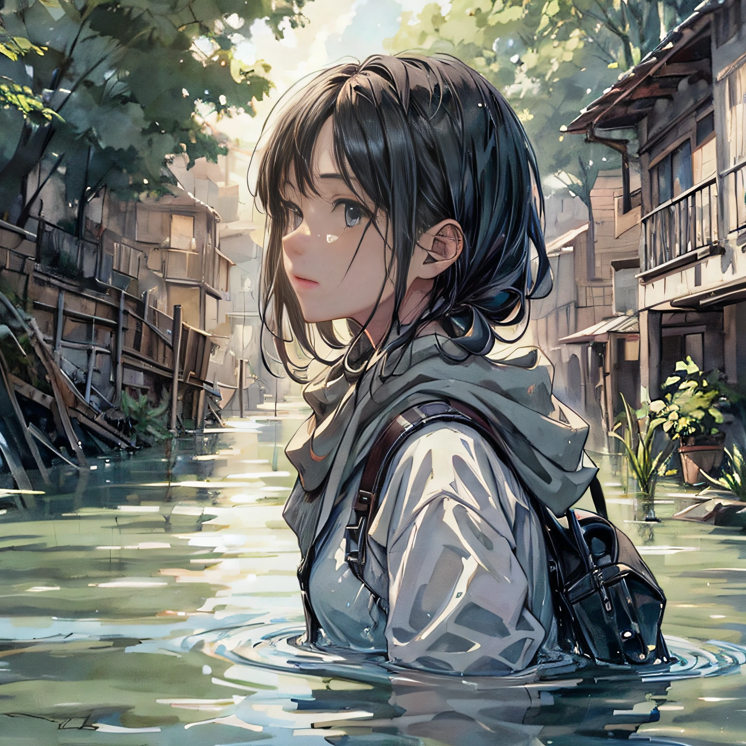 (masterpiece, best quality, beautiful art:1.4) of 1girl drowning in the flood, head partially under water, city background, digital art, trending on artstation, 4k, high detail, high-resolution, professional painting, ultra-detail, hdr, 4k uhd, 8k, unreal engine 5, cinematic, neon highlights, volumetric lighting, realistic shadows, reflections, unreal engine 5, cinematic wallpaper, 8k, romantic