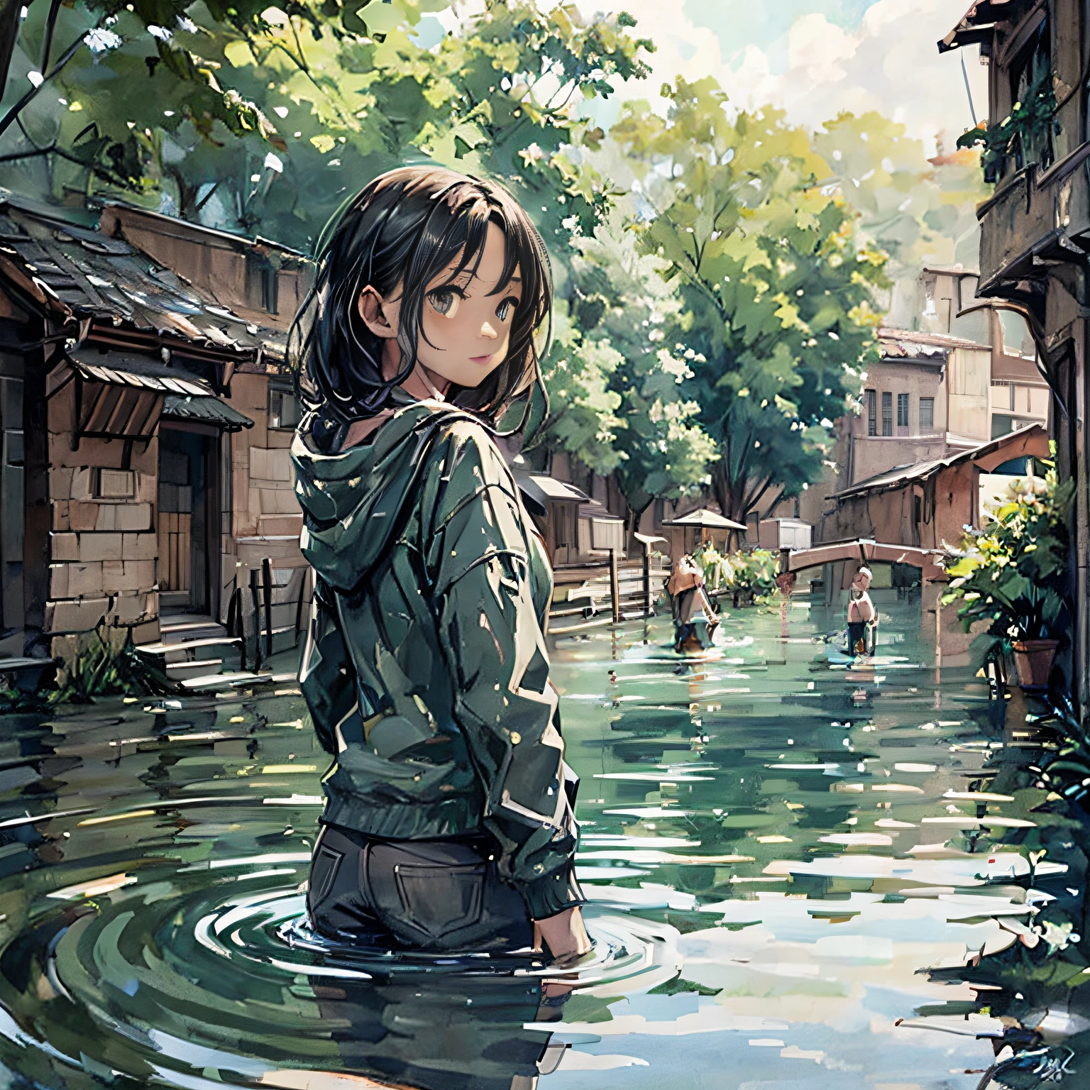 (masterpiece, best quality, beautiful art:1.4) of 1girl drowning in the flood, head partially under water, city background, digital art, trending on artstation, 4k, high detail, high-resolution, professional painting, ultra-detail, hdr, 4k uhd, 8k, unreal engine 5, cinematic, neon highlights, volumetric lighting, realistic shadows, reflections, unreal engine 5, cinematic wallpaper, 8k, romantic