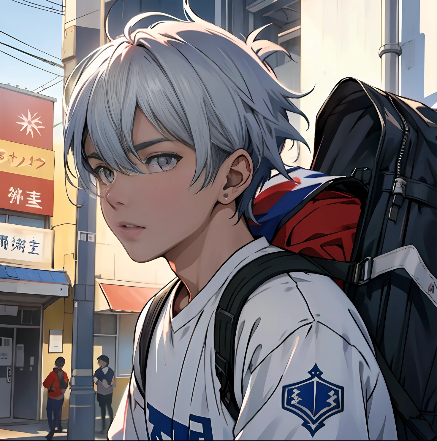 (usar mismo personaje usando la misma ropa) Arafed image of a boy with silver-gray hair grey eyes wears blue t-shirt fitted to the body without prints the shirt is all blue with a backpack facing up, Estilo de SSSS.Gridman (2018), inspirado por Adam Dario Keel, highlight scene of the movie, still from a live action movie, movie screen shot, scene from live action movie, SSS.Gridman, screenshot from a movie, Sasai Ukon Masanao, trailer