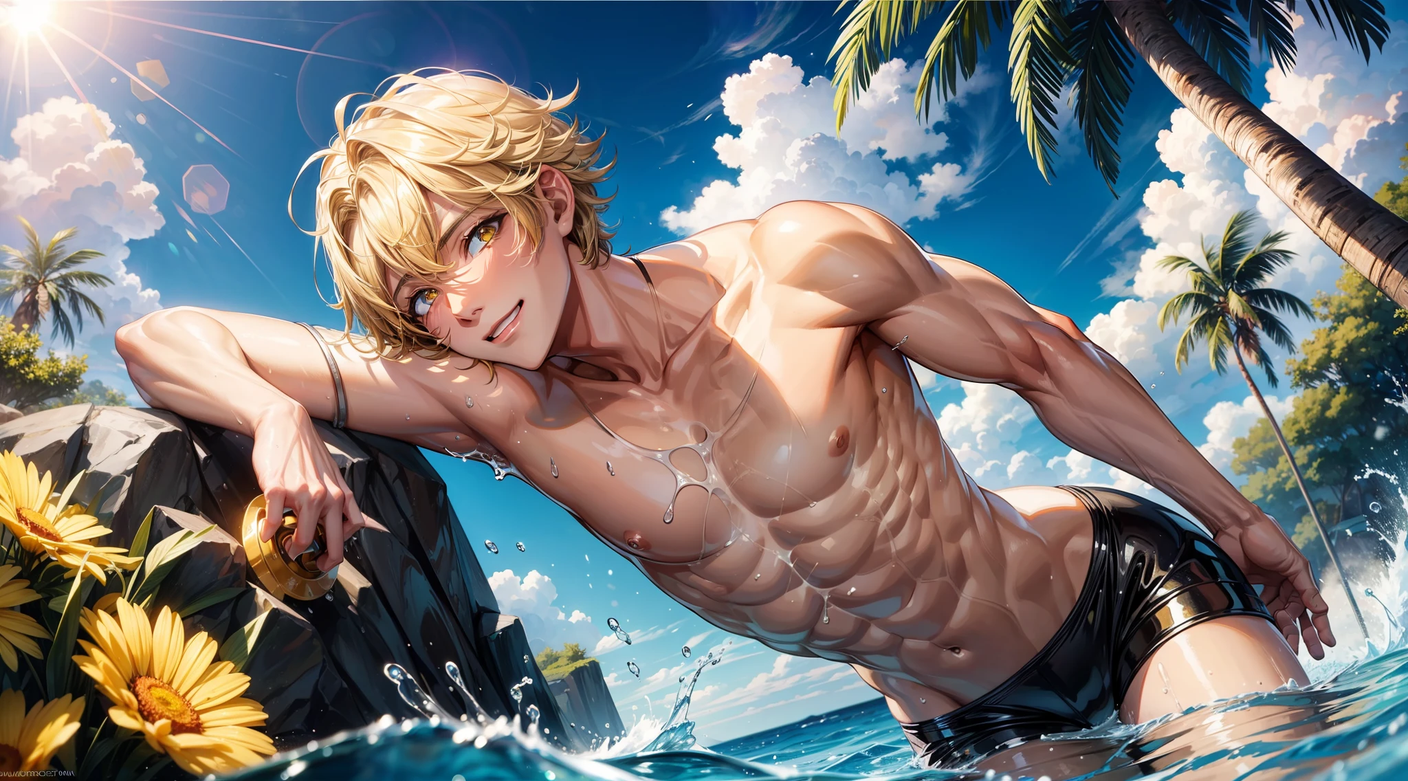 1male, Best Quality, hair light, Yellow eyes, gentle smile, Short Hair Hair, Playing in the water, sun glare, Splashing water