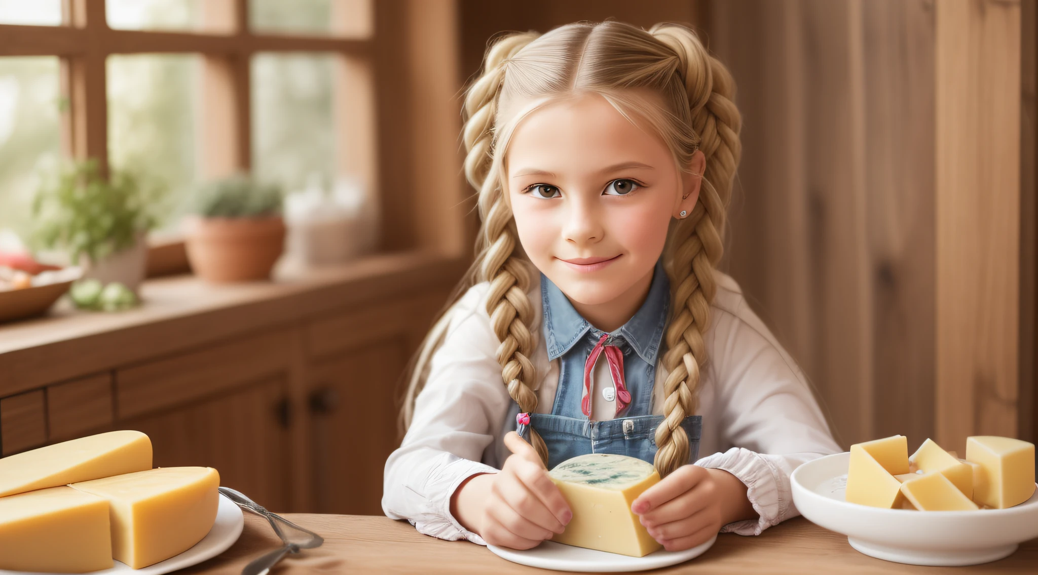girl CHILD , Russian blonde in braids, cheese pastry