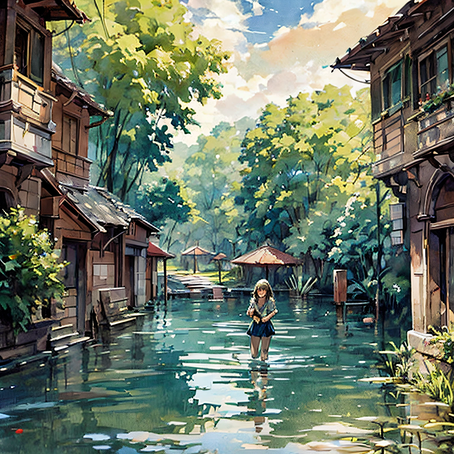 (masterpiece, best quality, beautiful art:1.4) of 1girl drowning in the flood, city background, digital art, trending on artstation, 4k, high detail, high-resolution, professional painting, ultra-detail, hdr, 4k uhd, 8k, unreal engine 5, cinematic, neon highlights, volumetric lighting, realistic shadows, reflections, unreal engine 5, cinematic wallpaper, 8k, romantic