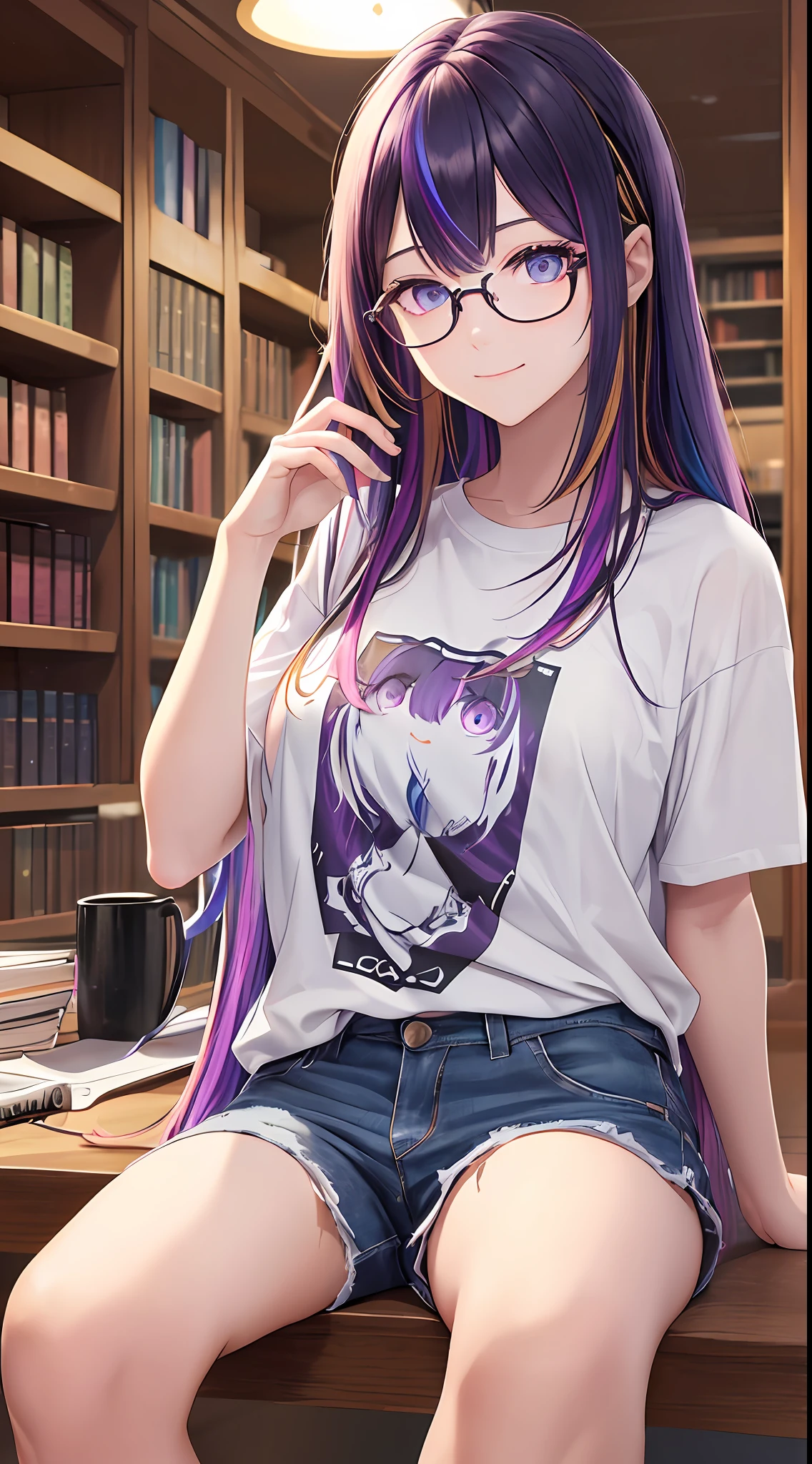 (masterpiece), best quality, expressive eyes, perfect face, 1girl, solo, bluntbangs hair, (illustration: 1.1), (best eyes: 1.3), (beautiful and clear background: 1.25), (extremely detailed CG unity 8k wallpaper: 1.1), (colorful: 0.9), (depth of field: 0.75),
(detailed eyes: 1.4), golden eyes, (multicolored hair: 1.2), purple hair, bright eyes, multi line in hair, glasses, long hair
(Oversize T-shirt: 1.4), scraft, jeans long pant, sneaker shoes,
looking_at_viewer, smile, library, indoor, romantic, sharo shoot, close up,