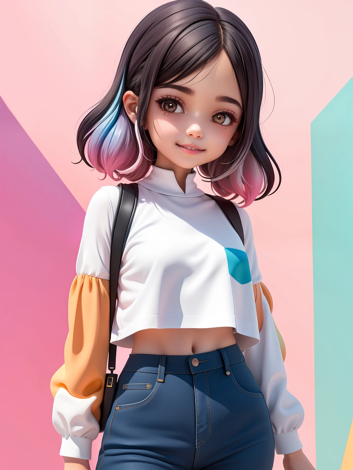 (obra-prima), (melhor qualidade), (ultra-detalhado), (corpo inteiro: 1.2) meniena, loira, negra, pants and mini blouse, sorriso claro, corpo inteiro, :3, cabelo multicolor, curto, preso, pavor, moderno, Modern accessories, fundo tom pastel , colorido e simples.