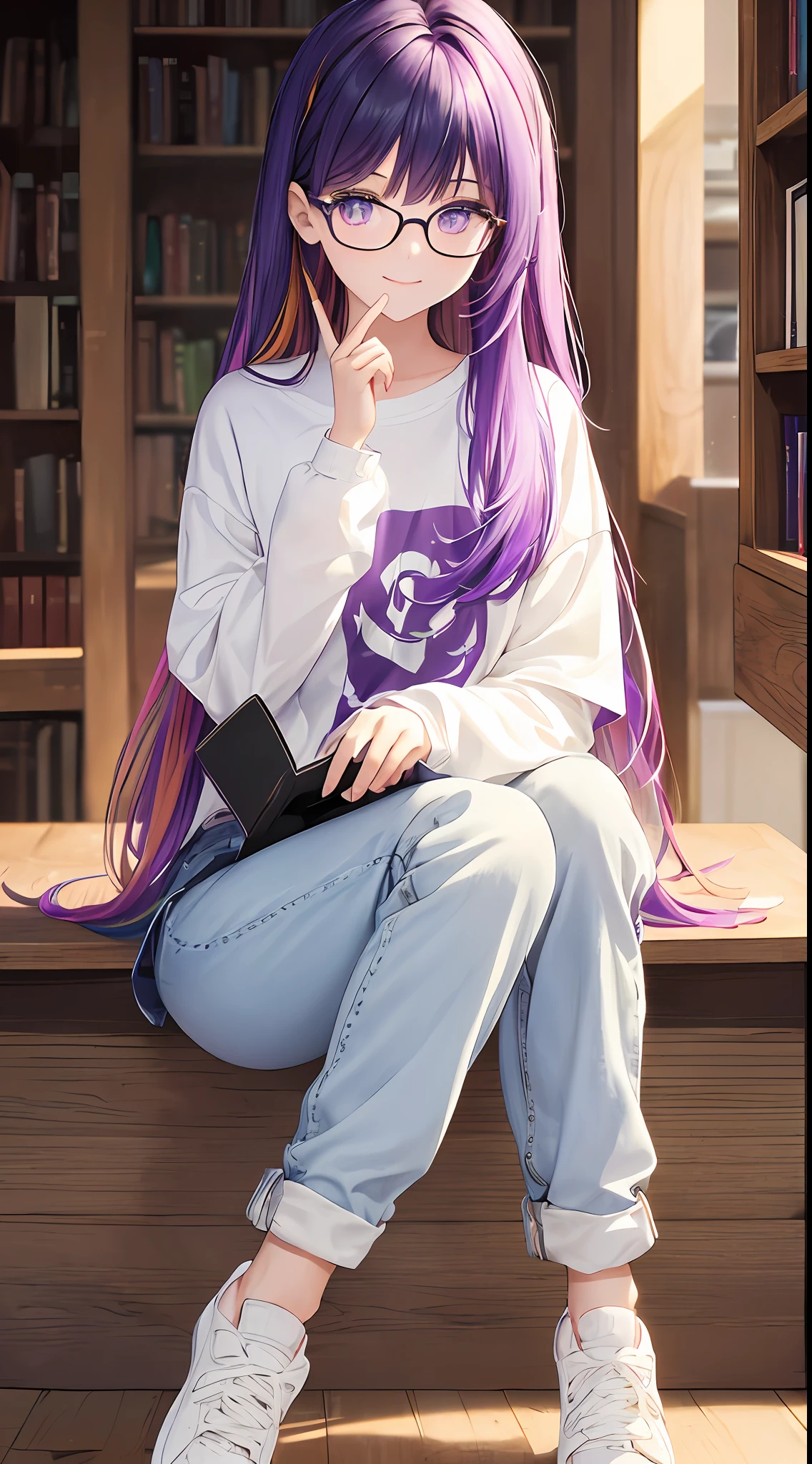 (masterpiece), best quality, expressive eyes, perfect face, 1girl, solo, bluntbangs hair, (illustration: 1.1), (best eyes: 1.3), (beautiful and clear background: 1.25), (extremely detailed CG unity 8k wallpaper: 1.1), (colorful: 0.9), (depth of field: 0.75),
(detailed eyes: 1.4), golden eyes, (multicolored hair: 1.2), purple hair, bright eyes, multi line in hair, glasses, long hair
(Oversize T-shirt: 1.4), scraft, jeans long pant, sneaker shoes,
looking_at_viewer, smile, library, indoor, romantic, sharo shoot, close up,